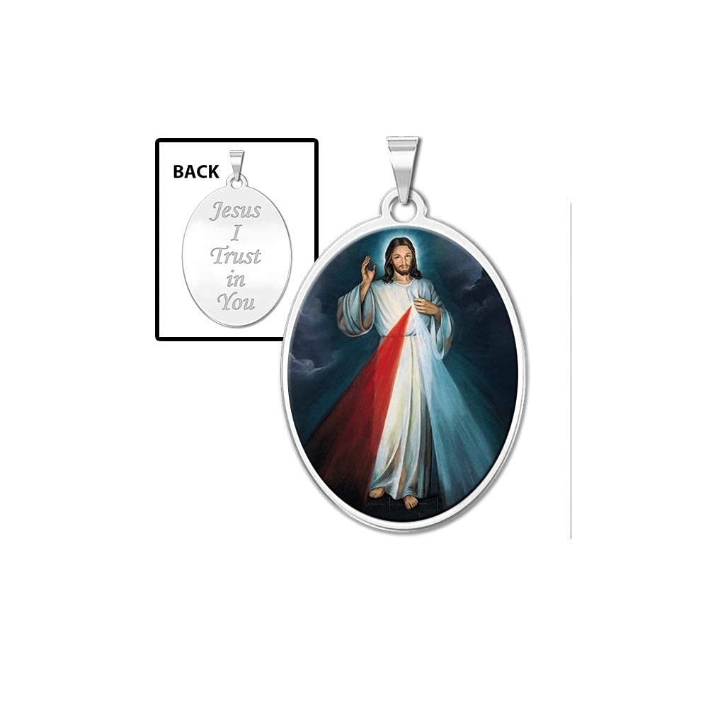 Divine Mercy Double Sided Oval Religious Medal - 14K Gold & Sterling Silver Jewelry for Men & Women | Religious Gifts, Baptism Present, First Communion Gift | Catholic Jewelry & Spiritual Protection