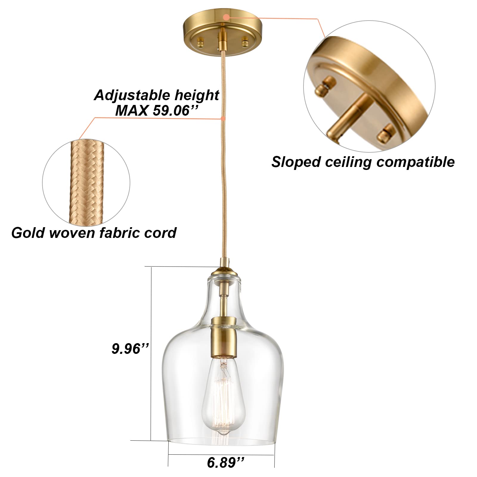 HYDELITE Modern Brushed Gold Pendant Light Fixture - Clear Glass Adjustable Cord Hanging Chandelier with Bell Shape for Kitchen Island, Dining Room & Living Room Lighting Decor