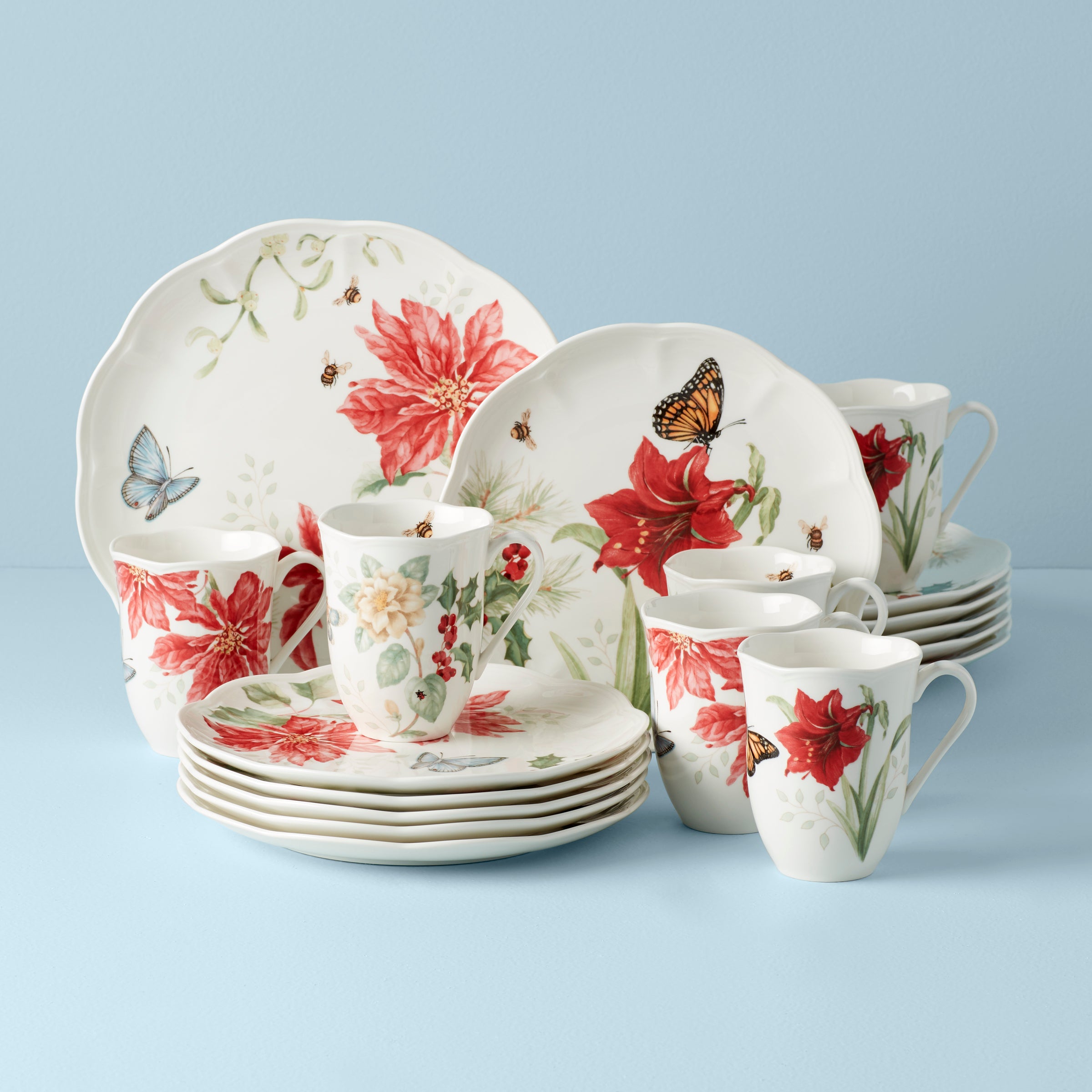 Butterfly Meadow Holiday 18-Piece Dinnerware Set - Elegant Floral Design Porcelain Plates, Bowls & Mugs - Perfect for Thanksgiving, Christmas & Family Gatherings