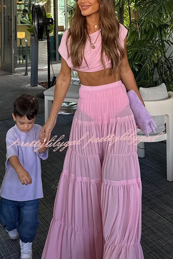 Elegant Chiffon Ruched Shoulder Short Sleeve Crop Top Women's Fashion Blouse for Summer Outfits, Date Night & Party Wear