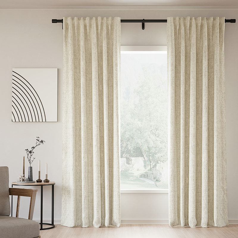 Blackout Curtains with Back Tab - 100% Linen, Memory Trained, Modern Design in Natural Tapioca Color | Perfect for Bedroom, Living Room & Home Theater Light Blocking