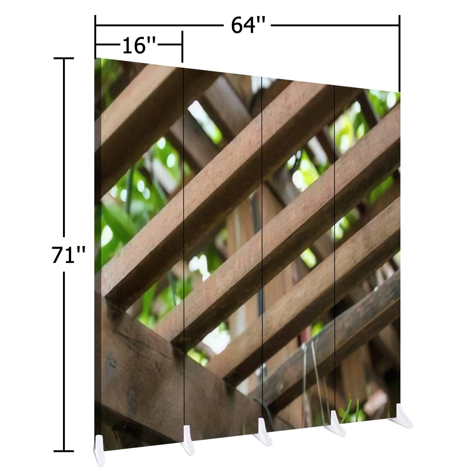 Brown Wood Screen Room Divider - 4 Panel Folding Privacy Partition with Spaced Lath Roof for Hanging Plants | Indoor Wall Divider & Display Shelves for Home, Office, and Studio Decor
