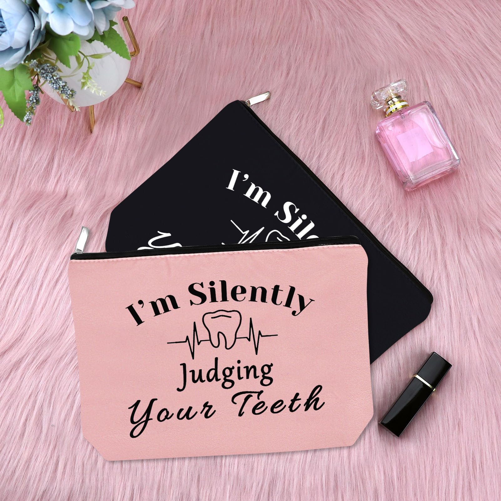2Pcs Funny Dentist Gifts Makeup Bags - Dental Hygienist Appreciation Presents for Women, Travel Cosmetic Pouch for Dental Assistants (Black&Pink) - Perfect for Christmas, Birthday & Travel Essentials Organization