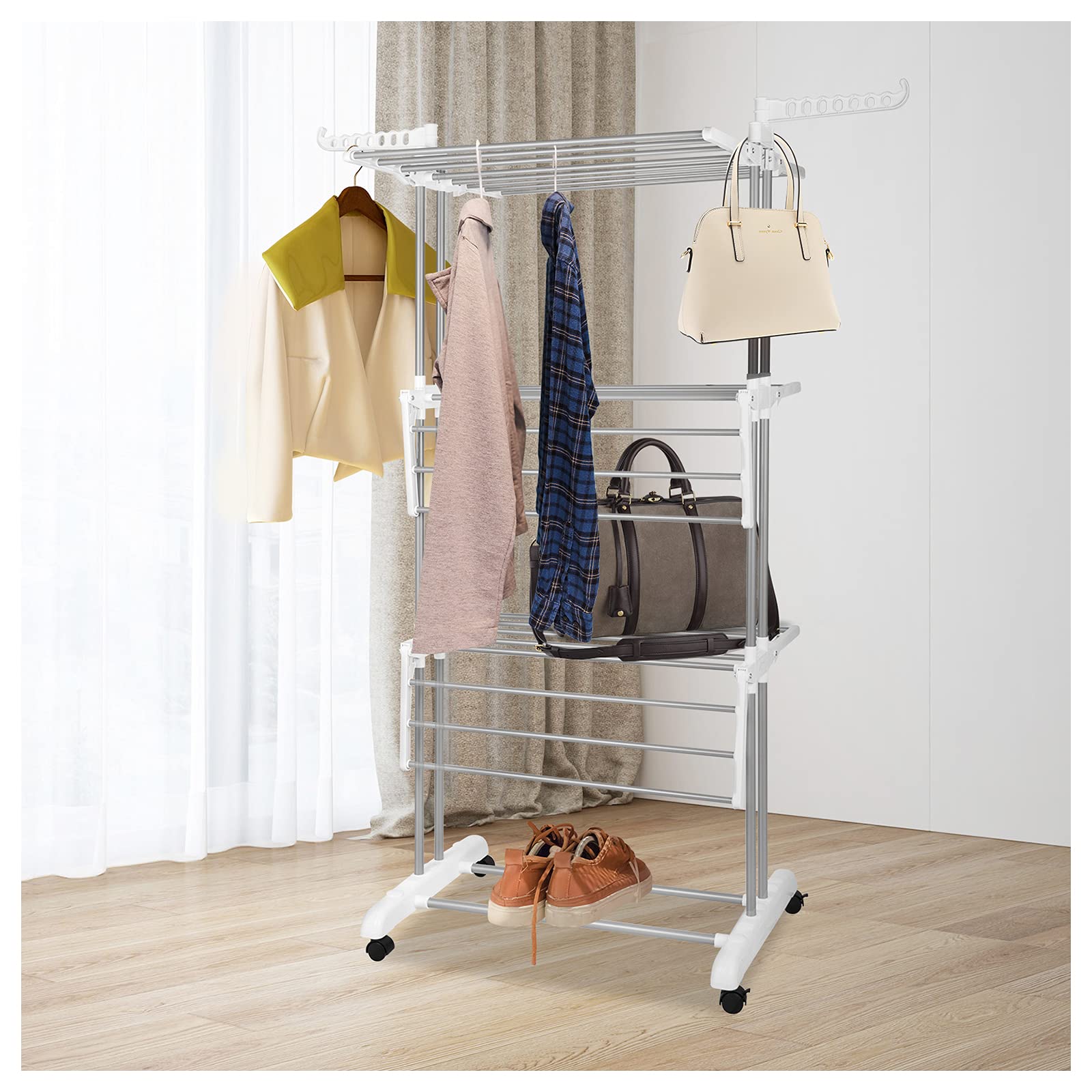 Bigzzia 4-Tier Stainless Steel Clothes Drying Rack - Foldable Laundry Rack for Indoor & Outdoor Use with 2 Side Wings | Space-Saving Grey White Garment Organizer | Perfect for Apartments, Balconies, and Small Spaces