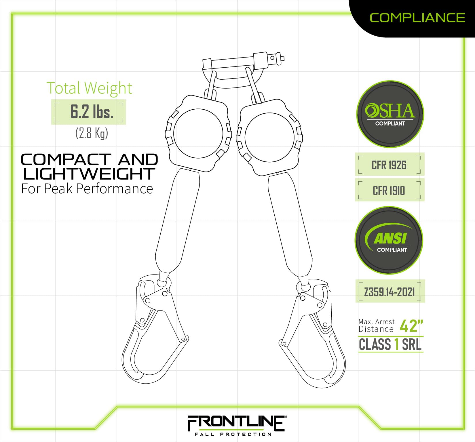 Frontline RPA062RA 6-Foot Aramid Web Twin Leg Self-Retracting Lifeline with Aluminum Rebar Hook Ends | 310 lbs Capacity | Lightweight & Durable Fall Protection Equipment | Aramid Fiber Webbing Safety Harness | ANSI & OSHA Compliant | ISO Certified | Ideal for Construction, Roofing & Industrial Work