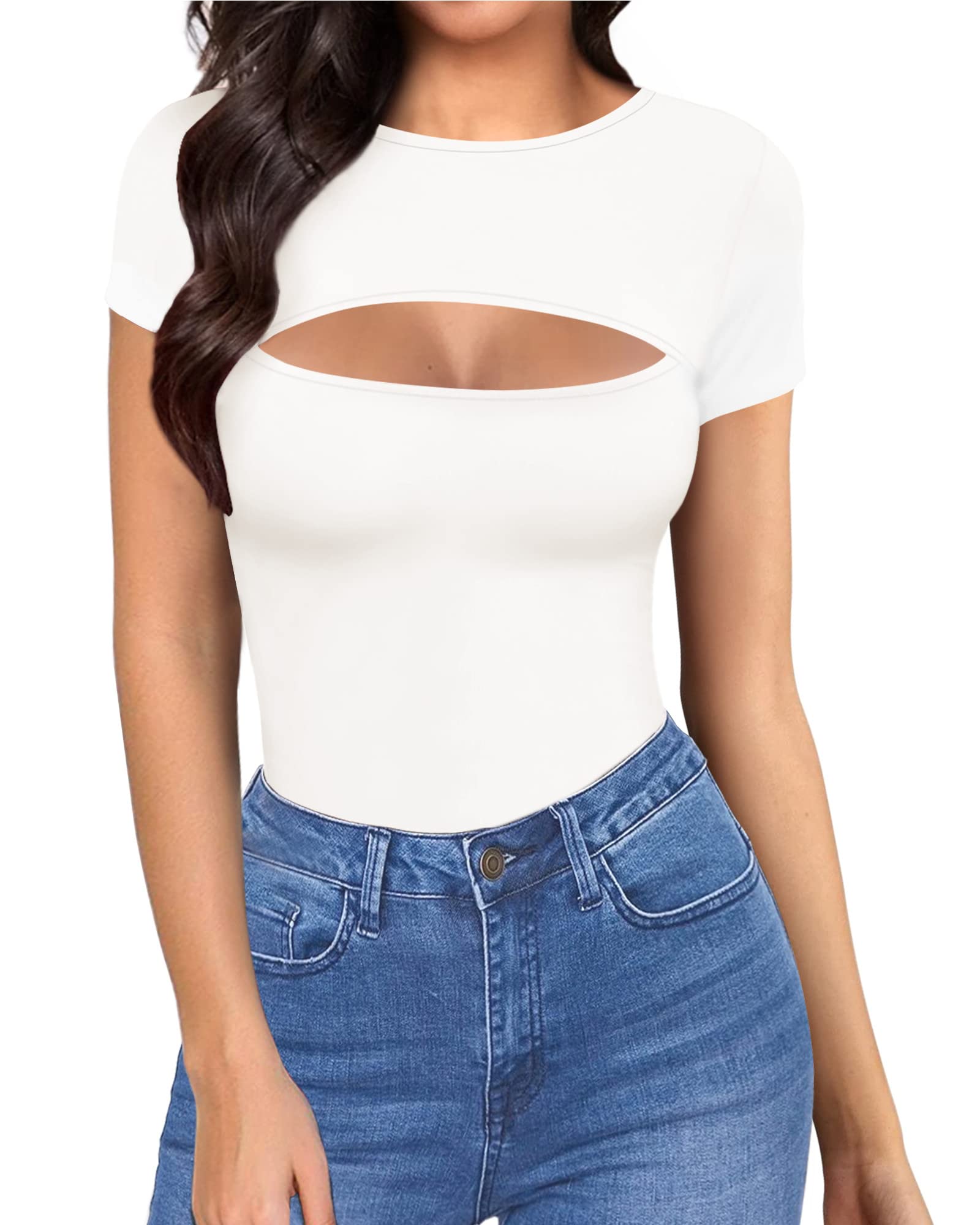 ALGALAROUND Women's Fashion Cutout Front Tops - Long & Short Sleeve Fitted T-Shirts for Casual Wear, Party Outfits & Date Night Looks