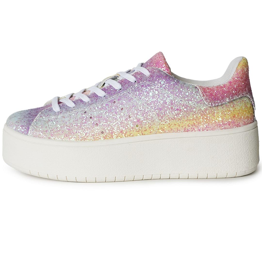 J.Adams Women's Hero Platform Sneakers - Fashion Casual Lace Up Tennis Shoes with Rainbow Glitter - Size 10 - Perfect for Streetwear, Gym & Everyday Comfort