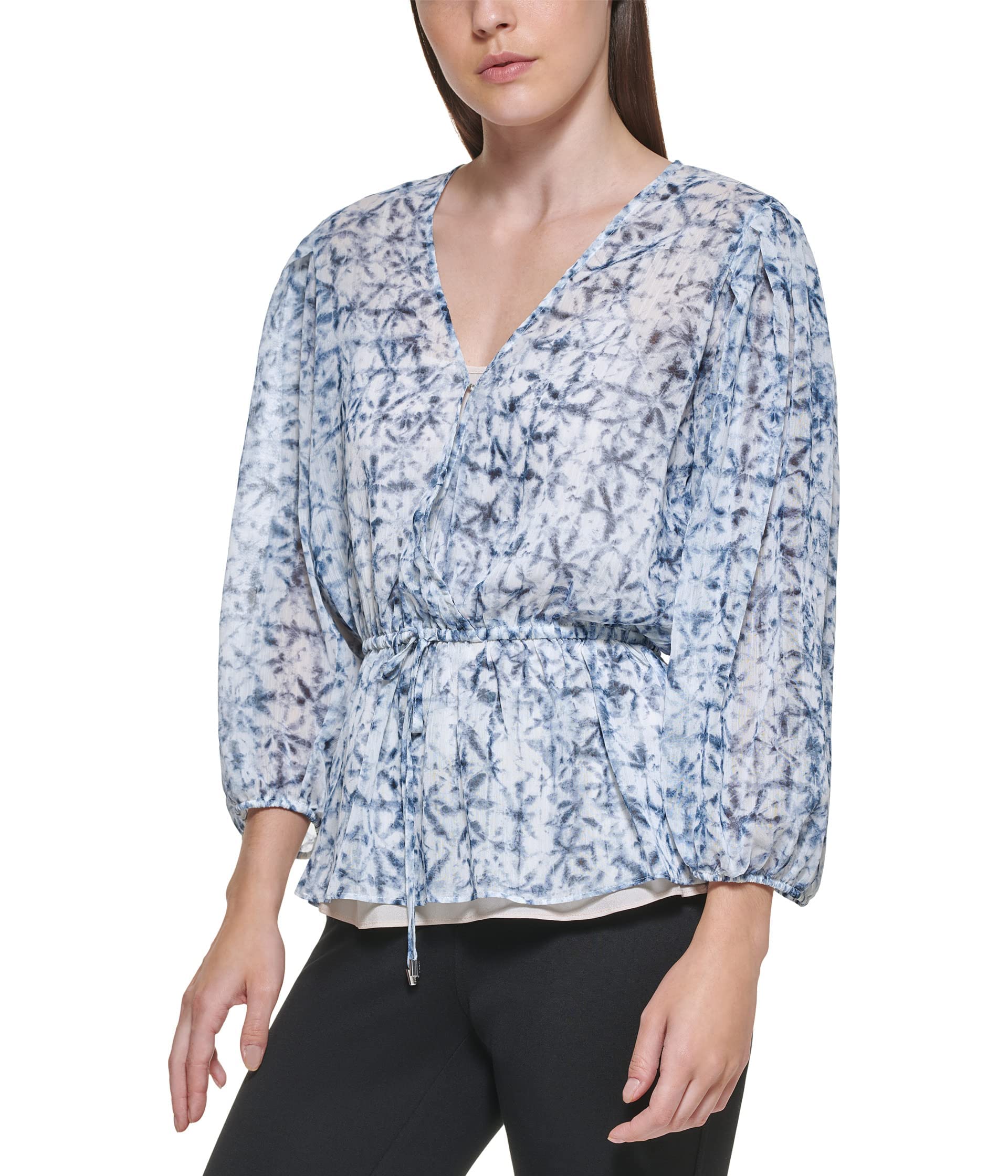 DKNY Women's Flattering Tie-Waist Blouse with Bubble Sleeves | Casual & Office Wear | Perfect for Work, Dates & Special Occasions