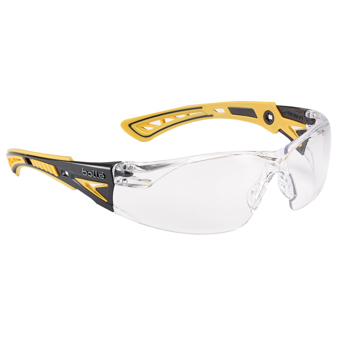 Bollé Safety 40243 Rush+ Safety Glasses Platinum® - Yellow & Black Frame with Clear Lenses - ANSI Z87.1 Certified Protective Eyewear for Construction, Woodworking & Industrial Work