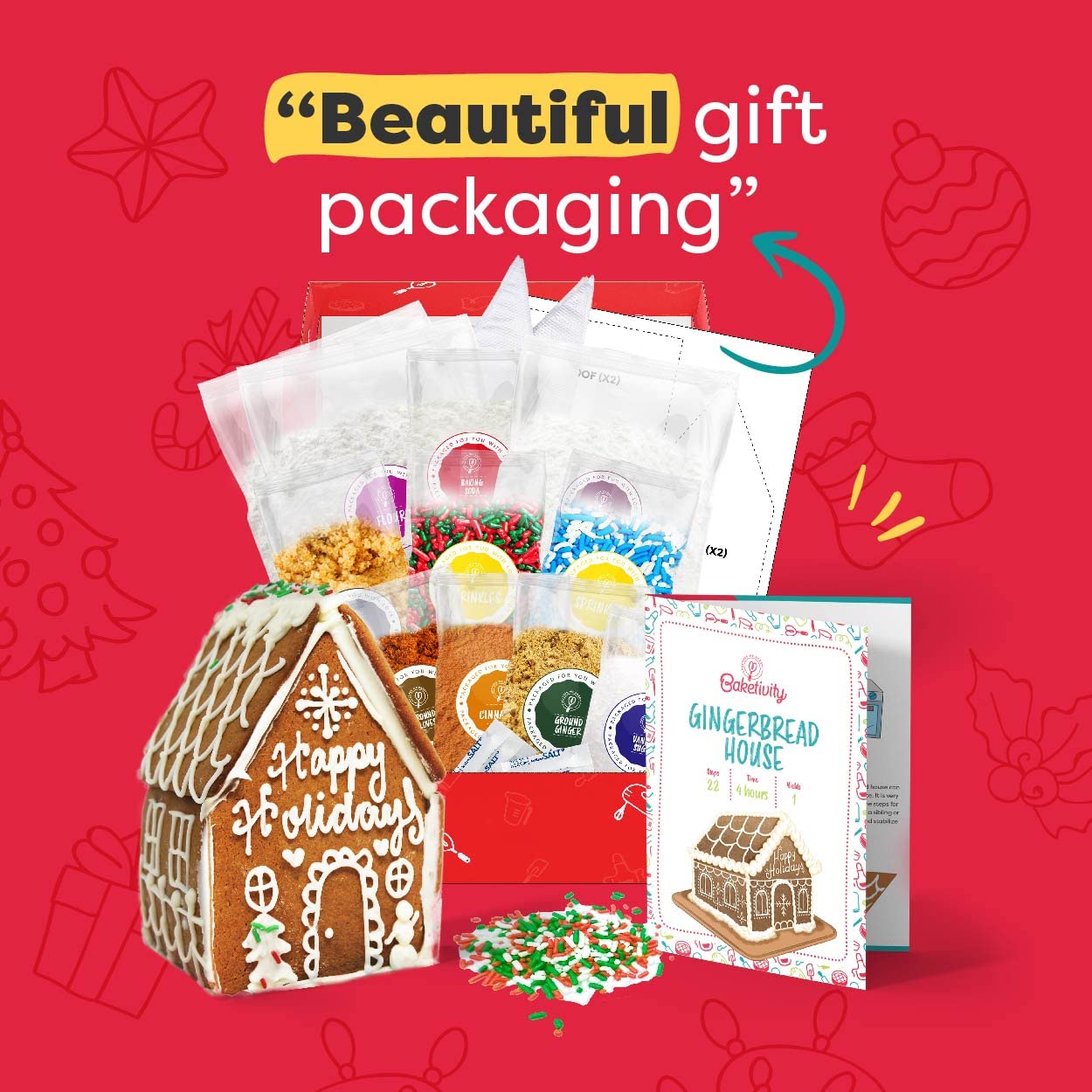 Baketivity Holiday Gingerbread House Baking Kit - DIY Edible Gingerbread House with Pre-Measured Ingredients - Fun Kids Baking Activity Set for Christmas Decorations & Family Bonding Time