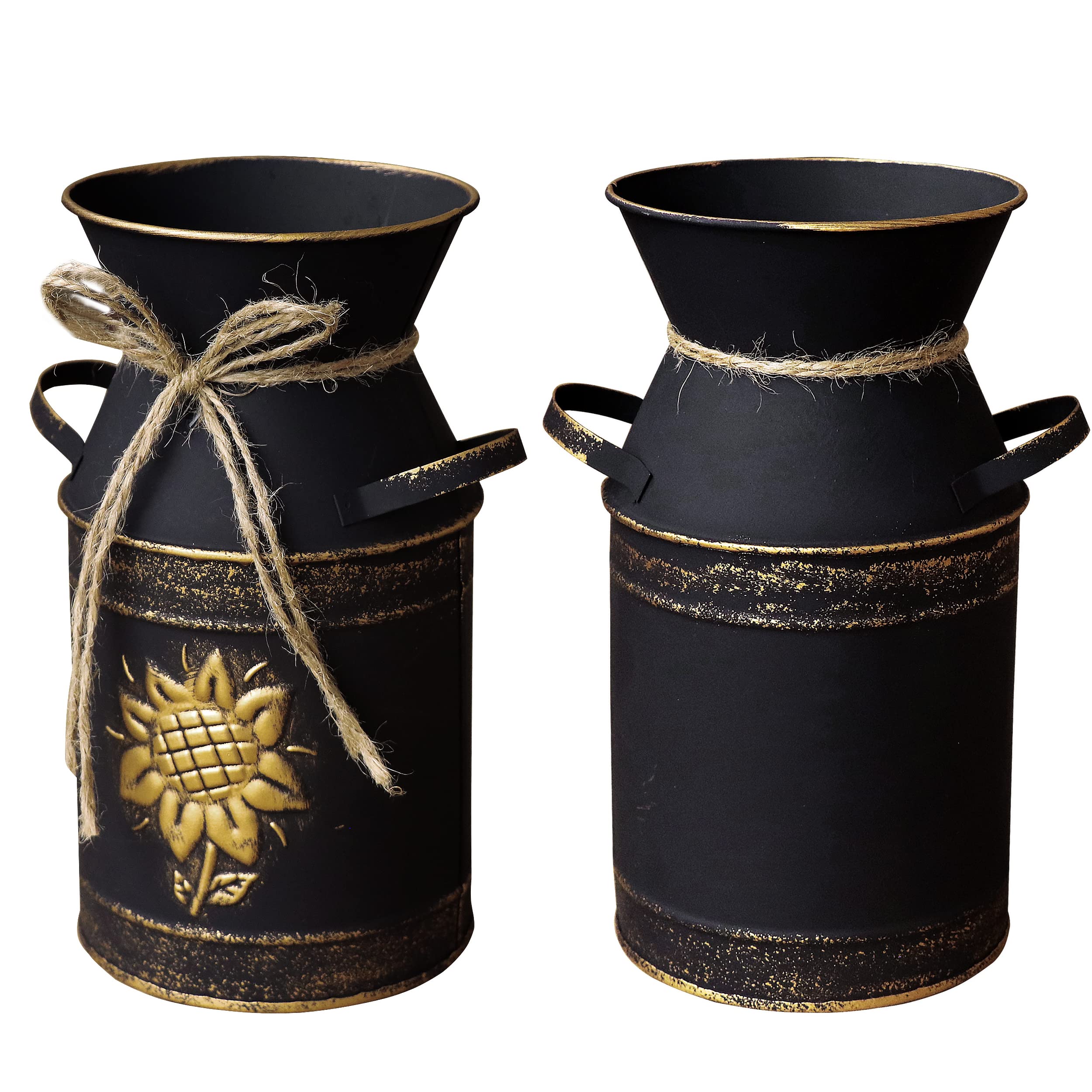 Stylish Black Metal Vase with Sunflower Design - Rustic Farmhouse Decor for Kitchen, Bathroom & Living Room | Handled Milk Jug Vase Perfect for Shabby Chic Home Decor
