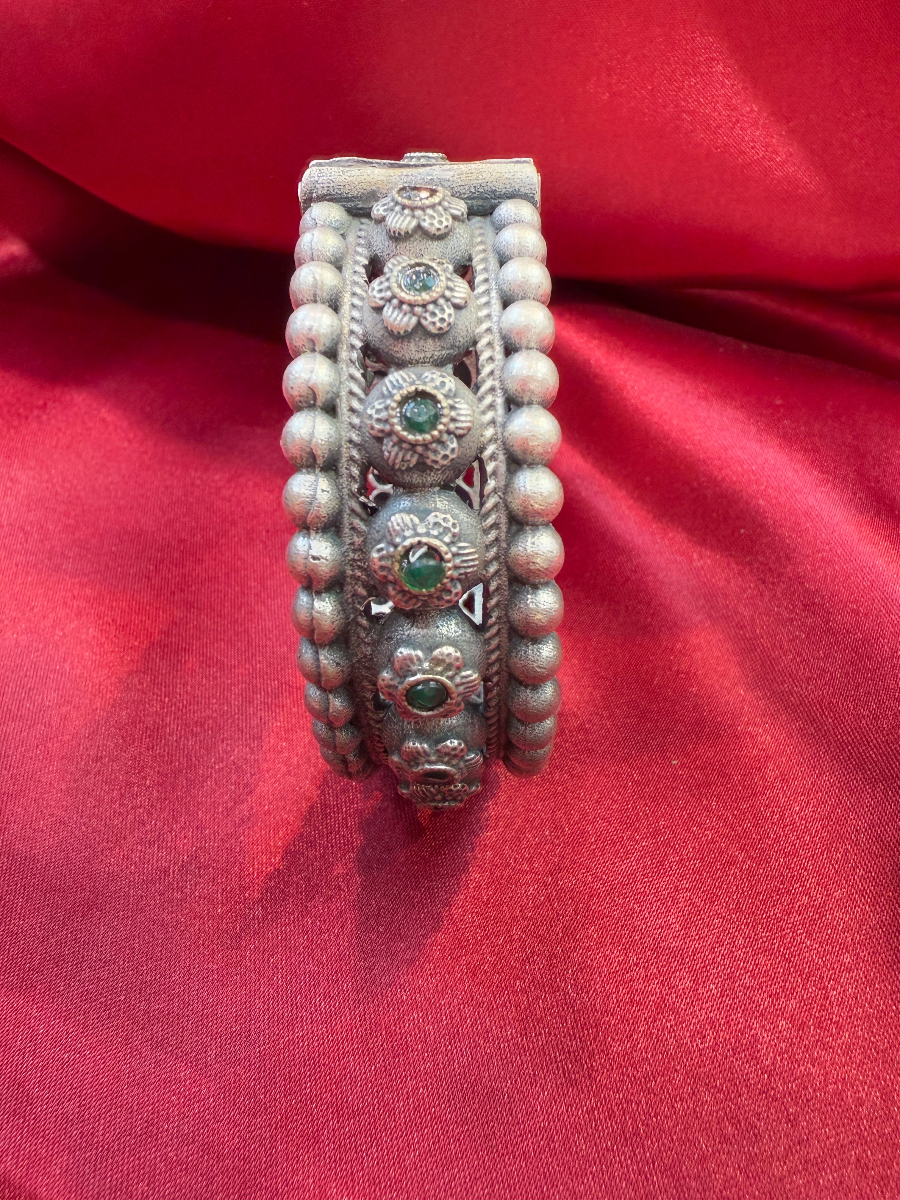 Exquisite Tribal Oxidized Silver Ethnic Open Bridal Kada Cuff Bracelet with Green Stone - Perfect for Boho Weddings, Festival Fashion & Cultural Jewelry Collections