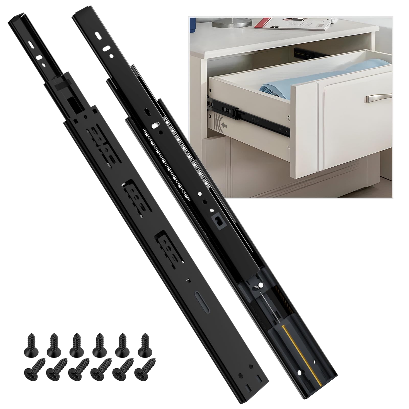 SHUHANG 12-24 Inch Soft Close Drawer Slides Rails - Ball Bearing Full Extension Heavy Duty Side Mount Glides (1 Pair, 100 LB Capacity, Black) - Perfect for Kitchen Cabinets, File Cabinets, Dressers & Trash Cans