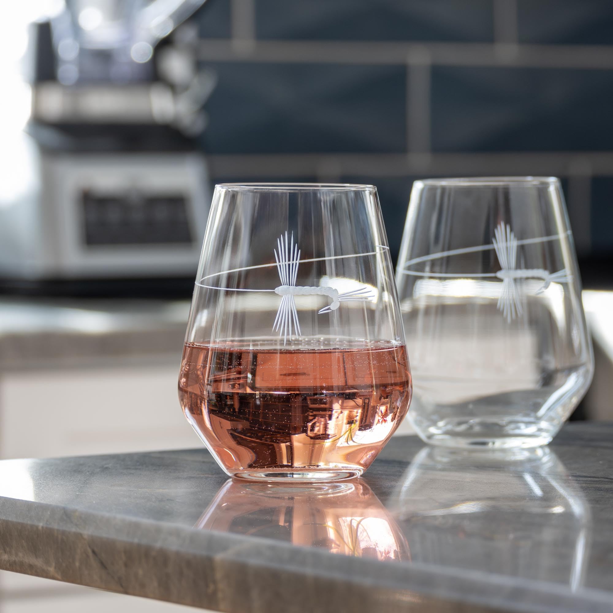 Premium Fly Fishing Stemless Wine Tumbler Set of 4 - 18oz Lead-Free Engraved Glasses for Outdoor Enthusiasts | Perfect for Camping, Picnics & Wine Tasting | Made in USA