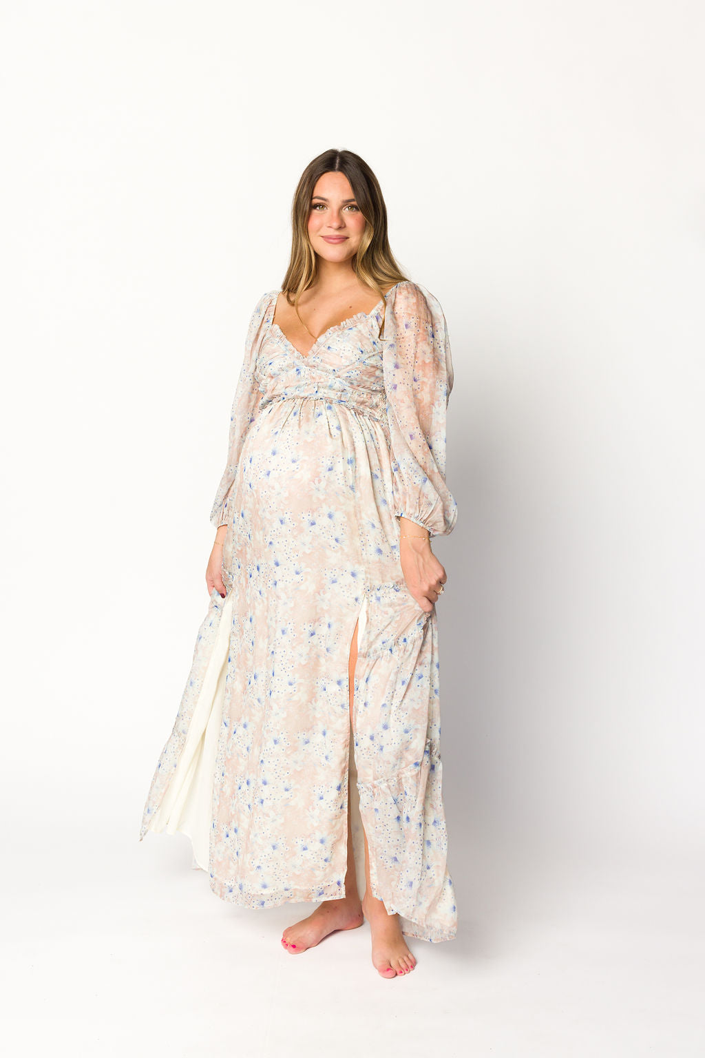 Bump Friendly Daphne Long Sleeve Maxi Dress - Floral Maternity Dress in Beige & Blue, Inclusive Sizing XS to 3XL | Perfect for Pregnancy, Nursing, and Special Occasions