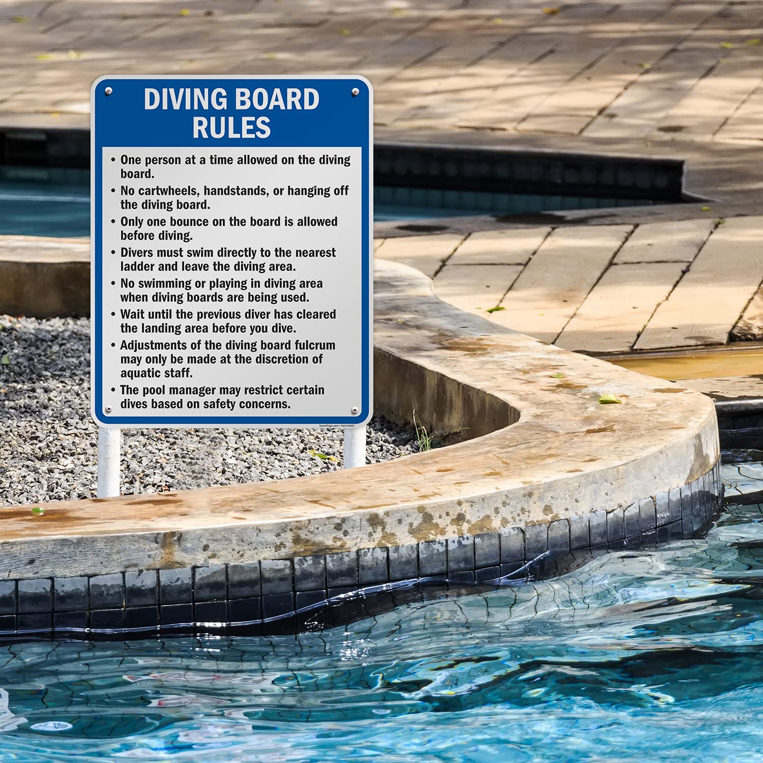 Diving Board Rules Metal Sign - 30x24 Inch, One Person at a Time, No Cartwheels Handstands or Hanging - Rustproof 80 Mil Laminated Aluminum, Blue Black & White - Made in USA - Perfect for Pools, Water Parks & Backyard Safety