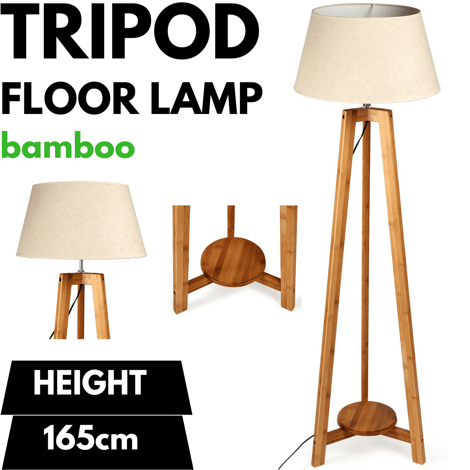 155cm Large Bamboo Wooden Tripod Floor Lamp with Beige Linen Shade - Modern Boho Lighting for Living Room, Bedroom & Office Decor