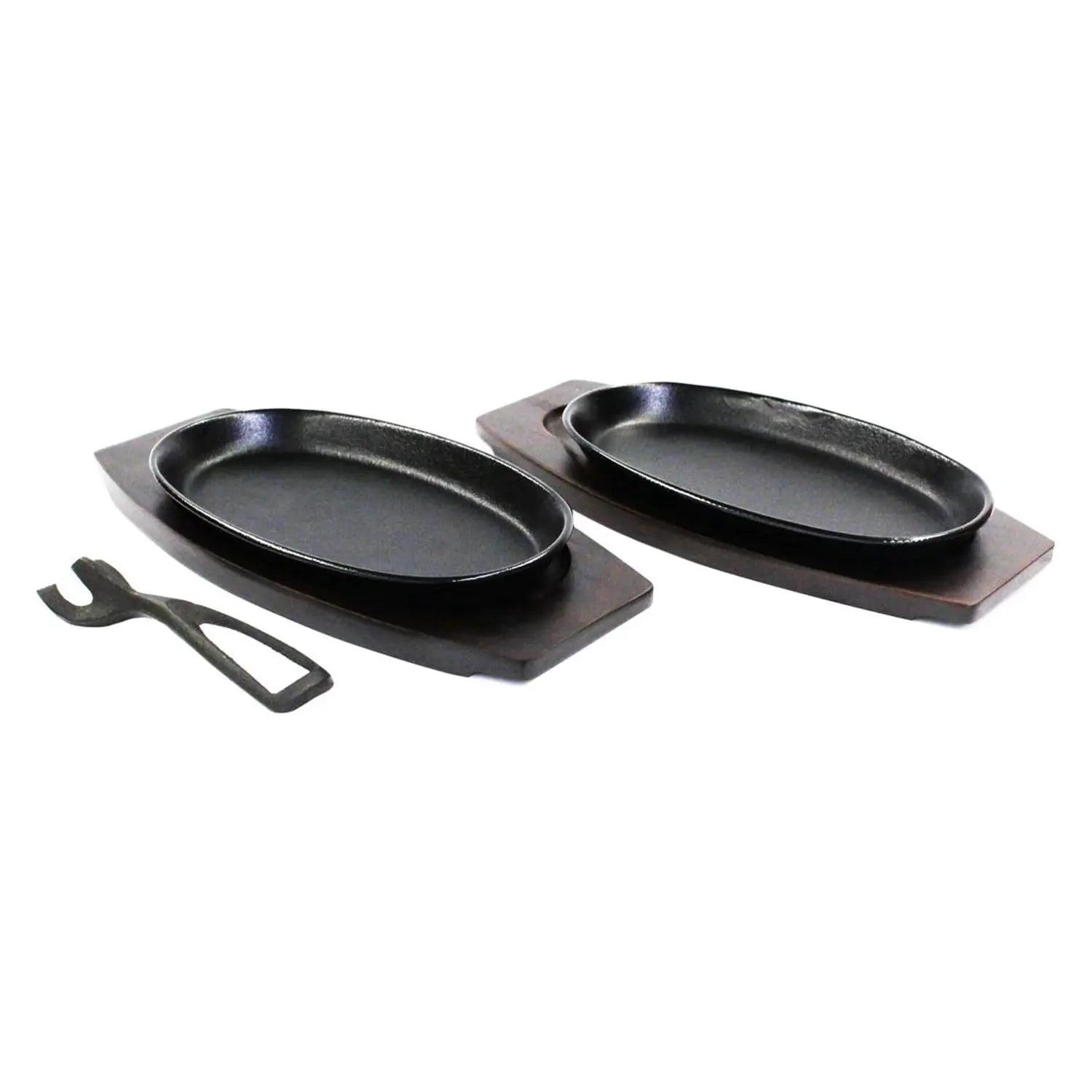 Asahi Premium Cast Iron Oval Sizzler Platter Set - 2 Piece Japanese Grill Plate for Steak, Fajitas & Sizzling Dishes - Perfect for BBQ, Camping & Restaurant Style Dining