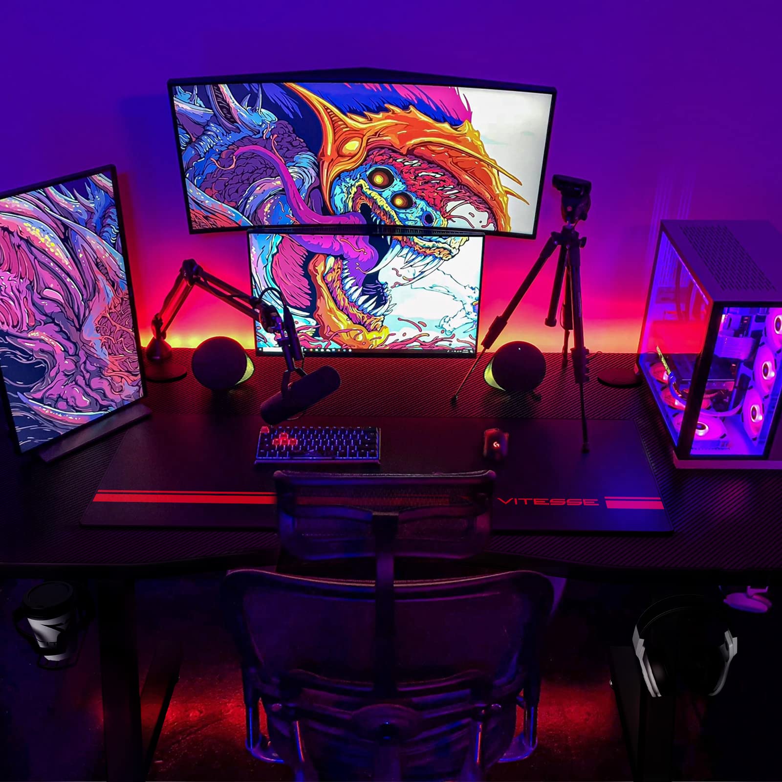 VITESSE Ergonomic Gaming Desk - Z Shaped Office PC Computer Desk with Full Desk Mouse Pad, Charging Gaming Handle Rack, Cup Holder & Headphone Hook - Perfect for Gamers, Streamers & Home Office Setup