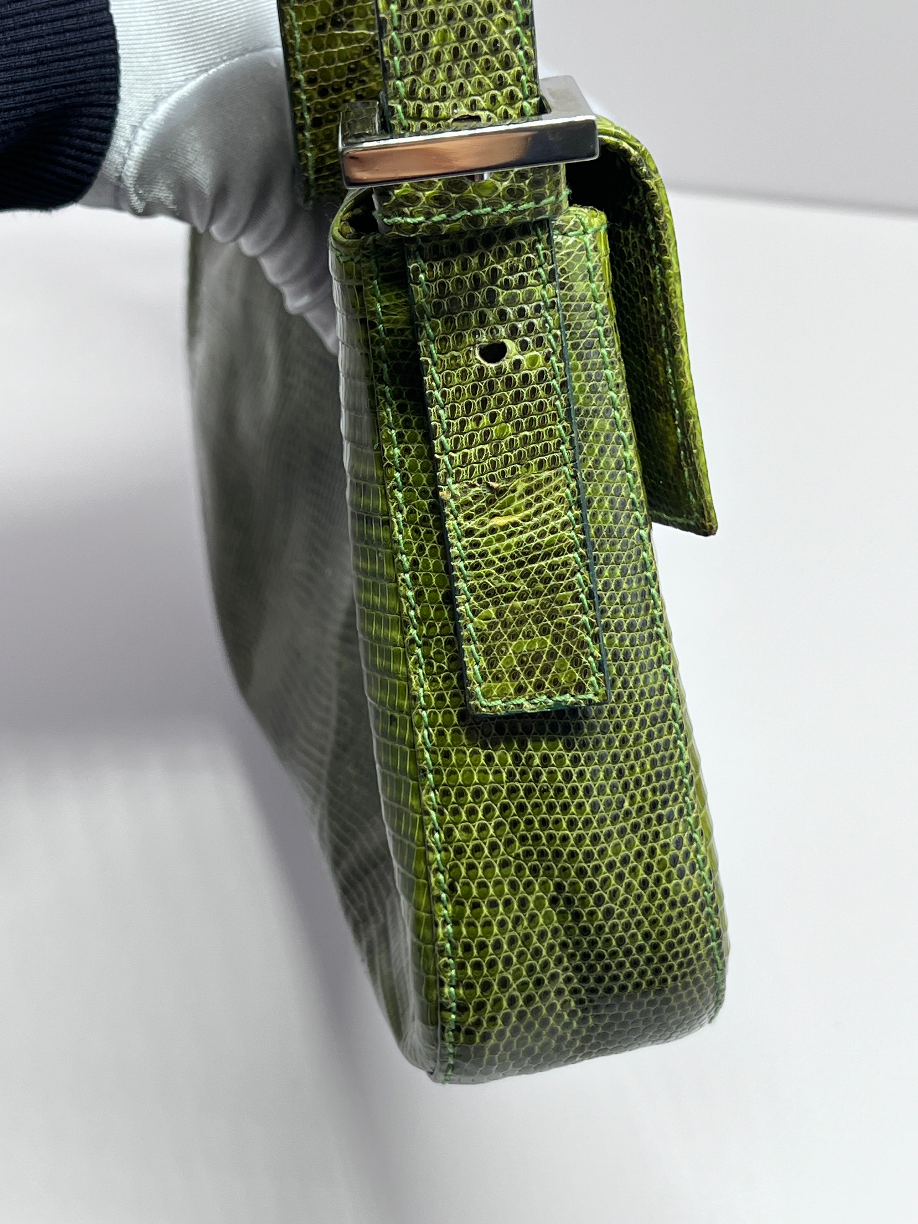 Authentic Vintage Fendi Green Lizard Skin Baguette Handbag - Luxury Designer Crossbody Purse for Women, Perfect for Evening Parties & Special Occasions