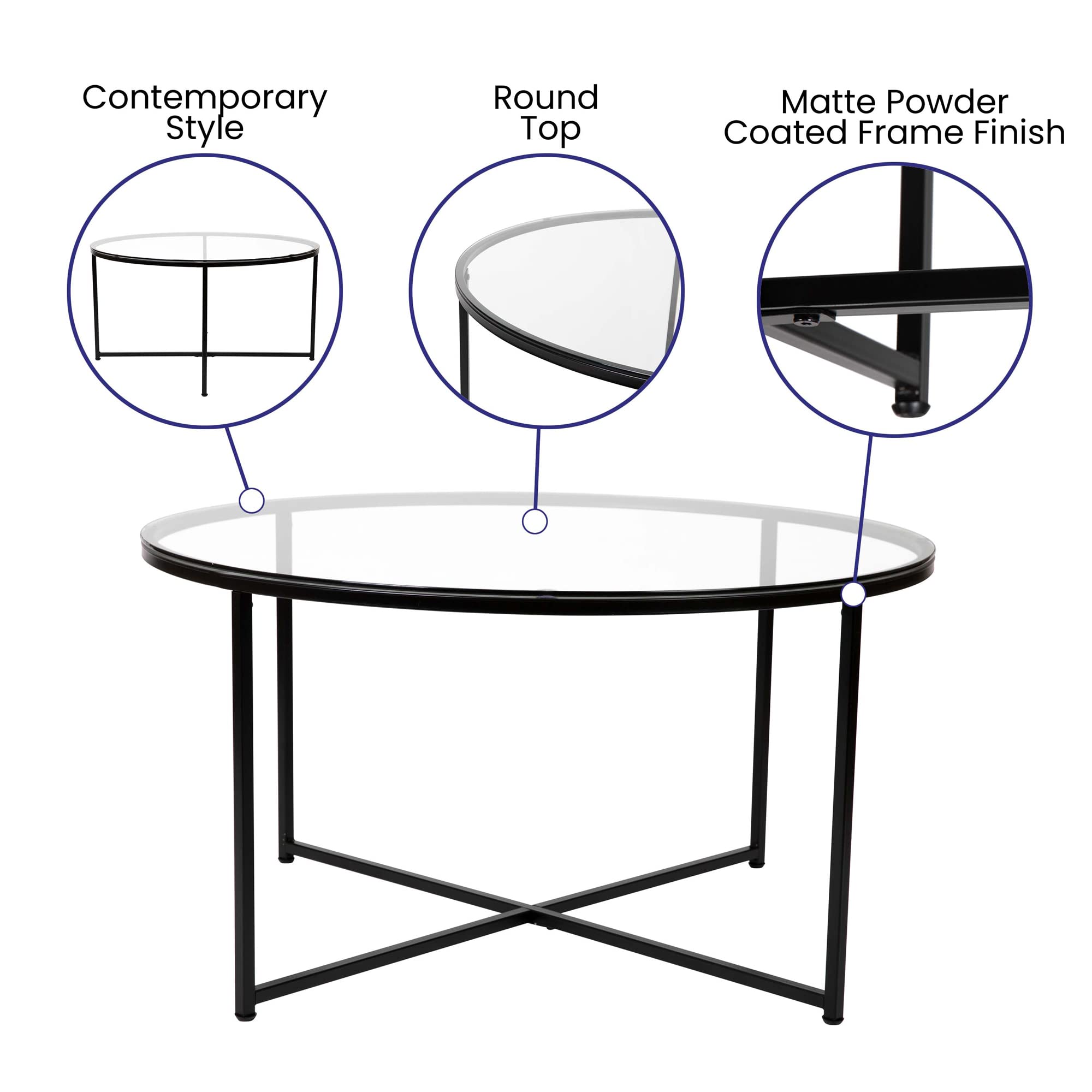 Modern Clear Glass Coffee Table with Crisscross Matte Black Frame - Flash Furniture Greenwich Collection - Perfect for Living Room, Office, or Lounge Decor