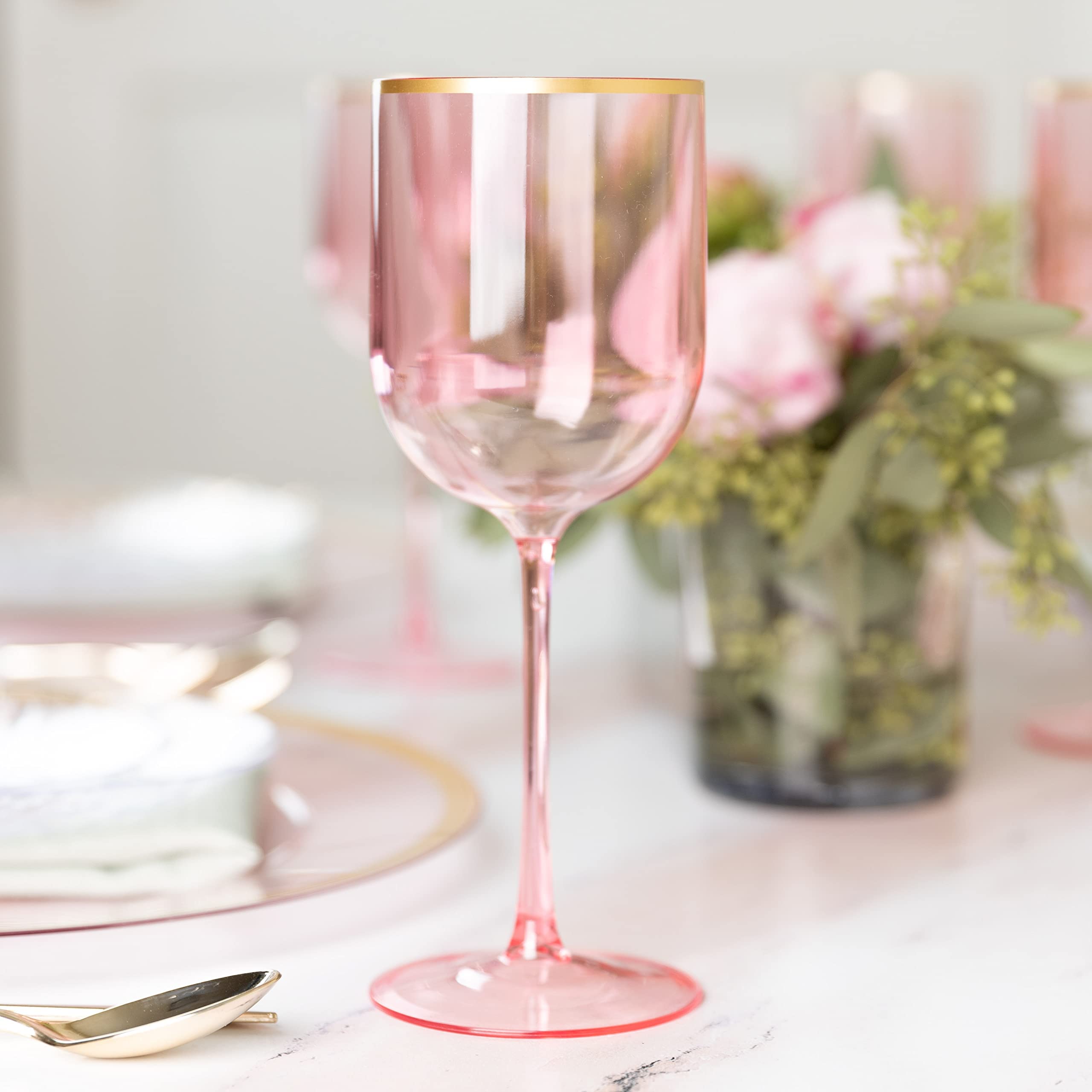 Elegant 12 oz Disposable Plastic Wine Goblets - Pink with Gold Rim, 30-Pack for Weddings, Outdoor Events, Poolside Parties & Home Entertaining | Stemmed Plastic Wine Glasses for Cocktails, Champagne & Beverages