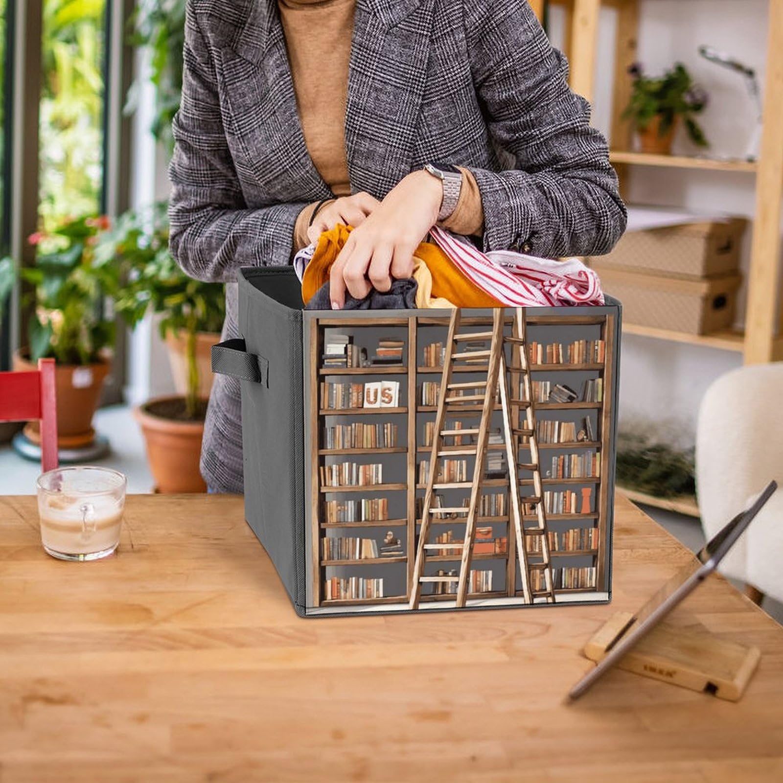 Funny Printed Storage Baskets & Bins 2-Pack - Decorative Book Shelf & Ladder Design Home Organization Containers for Bedroom, Bathroom, and Office Storage Solutions