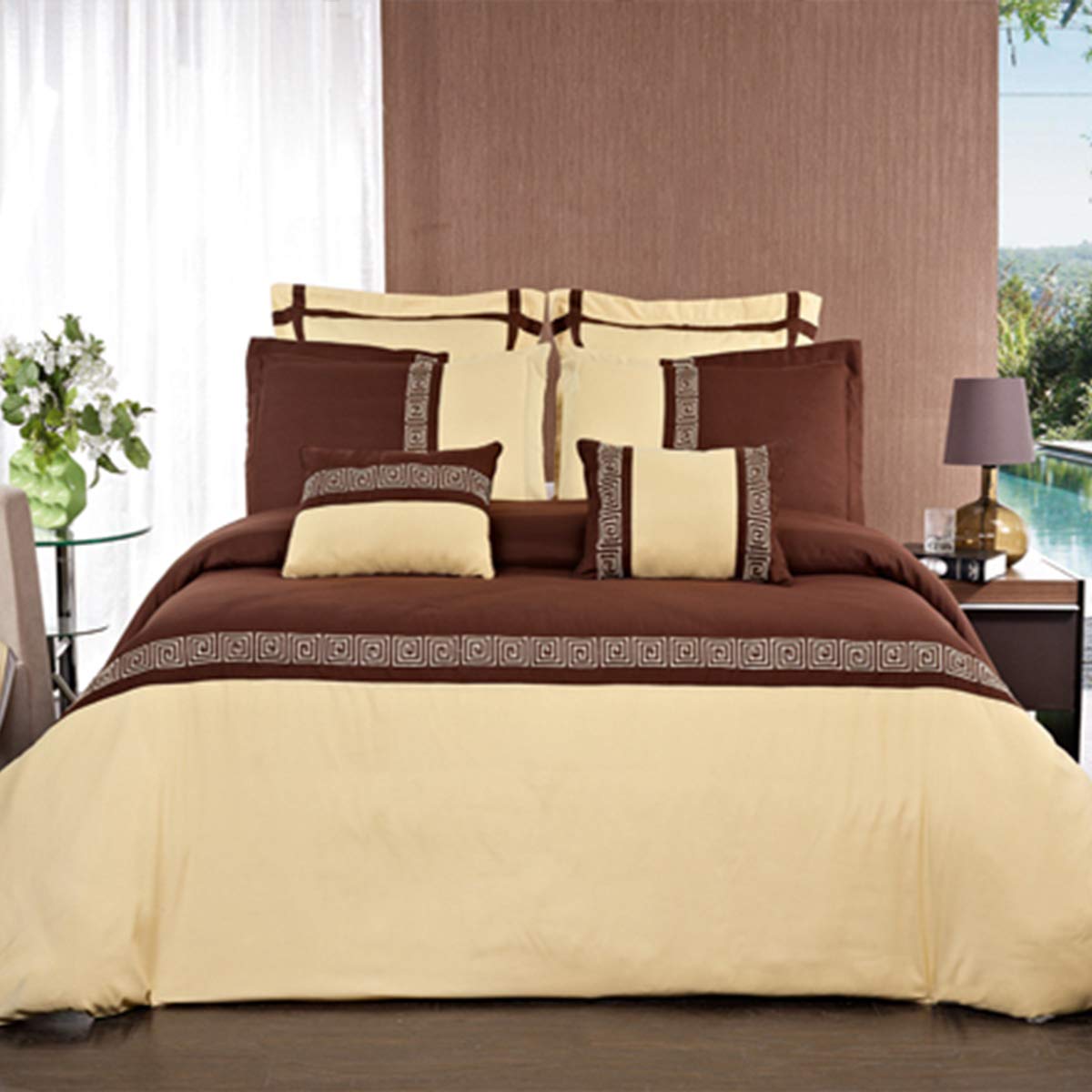 Luxury Embroidered Microfiber 8-Piece Full/Queen Comforter Set - Gold & Chocolate (Includes Duvet Cover + Down Alternative Comforter) | Perfect for Master Bedroom, Guest Room & Cozy Home Decor