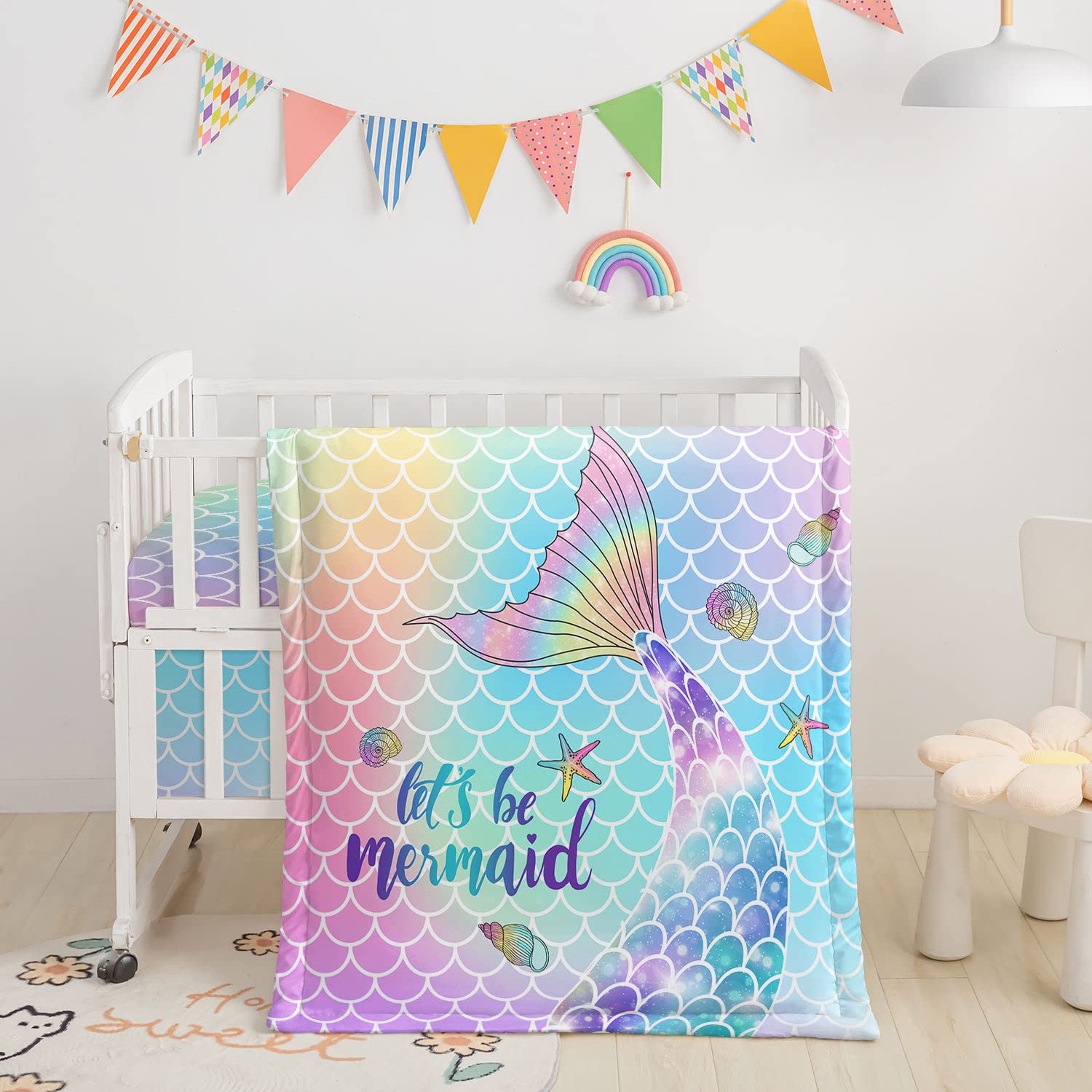 3-Piece Watercolor Butterfly Crib Bedding Set - Soft Comforter, Fitted Sheet & Skirt for Baby Boys & Girls | Rainbow Mermaid Nursery Decor | Perfect for Newborn Gifts & Nursery Room Makeover