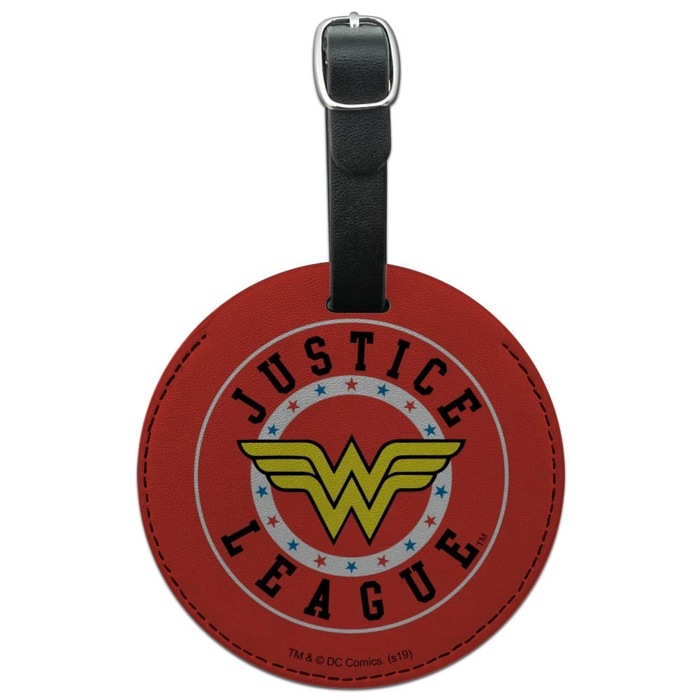 Justice League Wonder Woman Logo Round Leather Luggage Tag - Superhero Themed Travel ID Card Holder for Suitcases, Backpacks & Carry-On Bags
