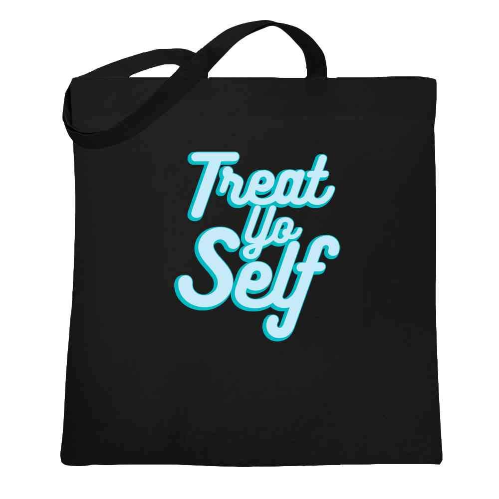 Pop Threads 'Treat Yo Self' Funny Retro Holiday Quote Black 15x15 Inches Large Canvas Tote Bag - Perfect for Grocery Shopping, Beach Trips & Holiday Gifts