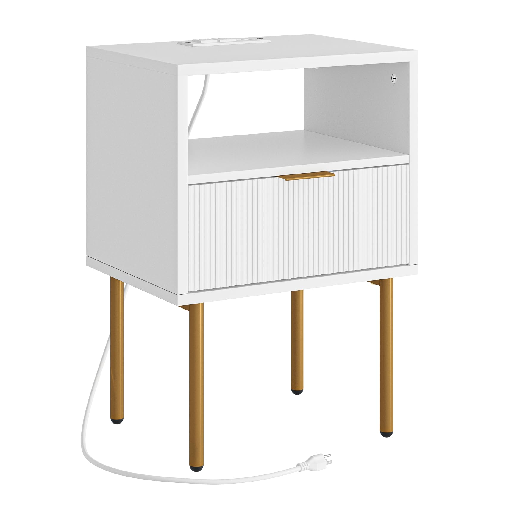 Modern White Nightstand with Charging Station & Gold Frame - Small Bedside Table with Drawer & Shelf - Elegant End Table for Bedroom & Living Room - Perfect for Phone Charging, Reading Light & Bedside Storage