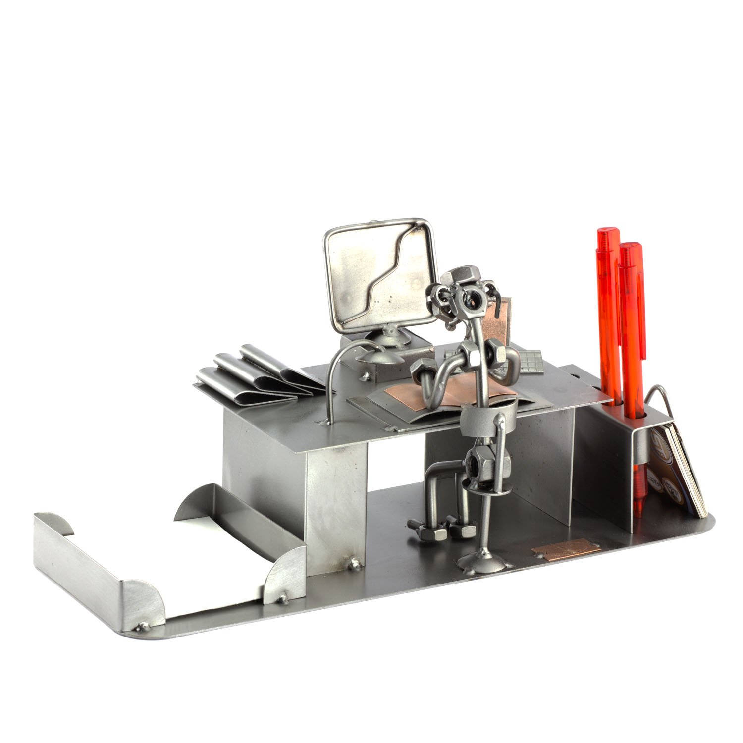 Handmade Metal Nuts and Bolts Sculpture - Personalized Engraved Computer Desk Organizer | German Craftsmanship | Unique Office & Home Decor Gift