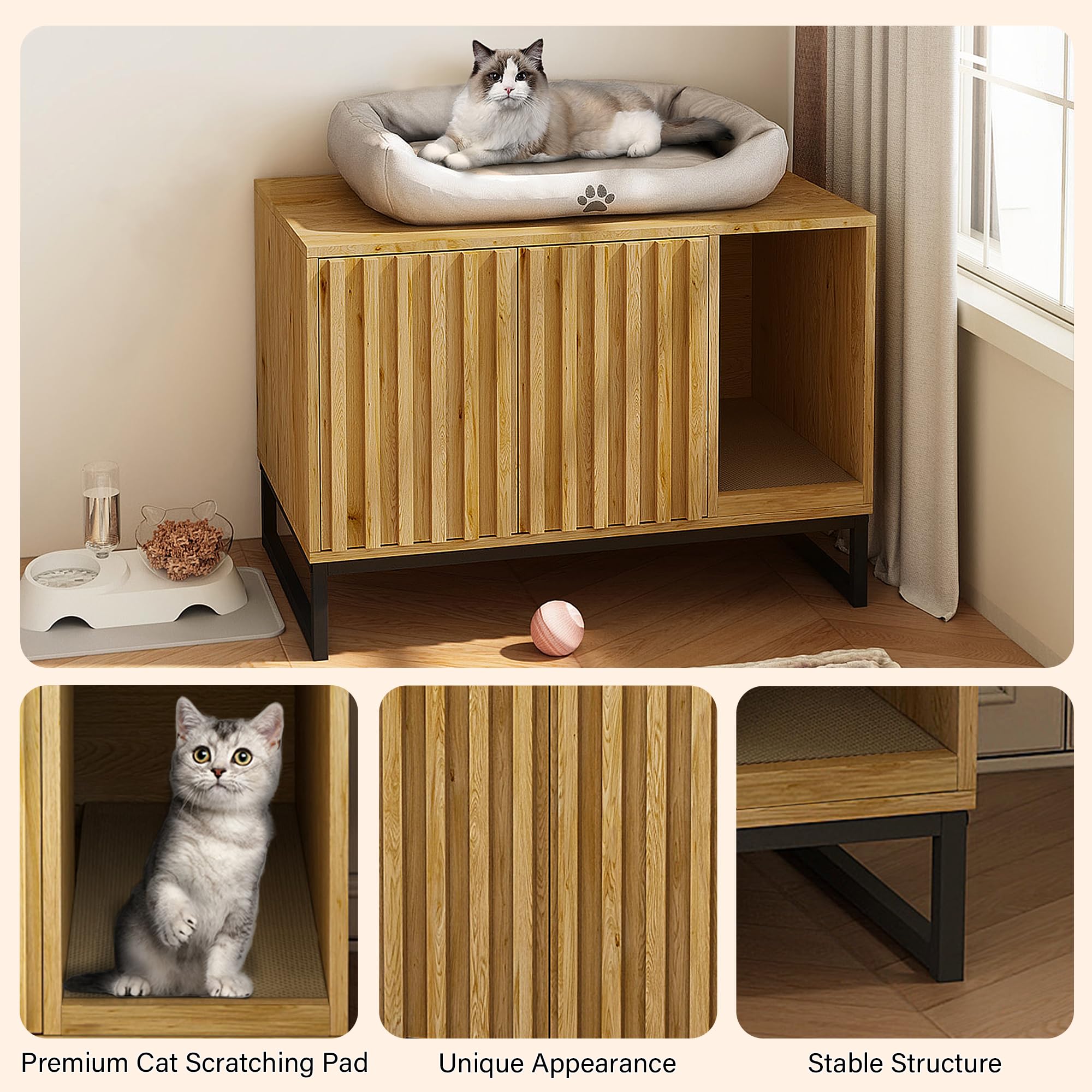 Modern Cat Litter Box Enclosure Furniture - Hidden Litter Box with Scratch Pad, Cat Washroom House & Entryway Bench for Living Room - Natural Wood End Table for Small Spaces & Pet-Friendly Home Decor
