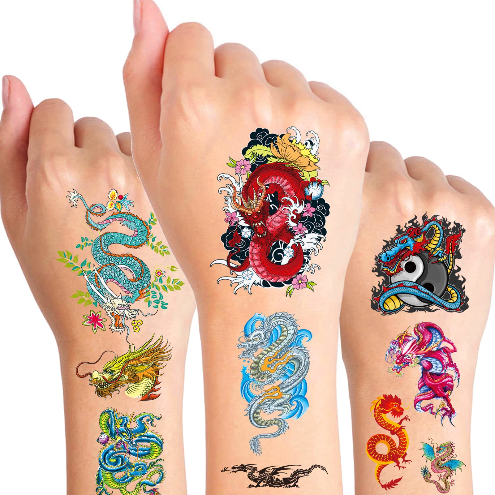 Ancient Dragon Tattoo Party Supplies - 405pcs Waterproof Temporary Tattoo Stickers for Kids, Boys & Girls - Chinese Fairy Dragon Cartoon Designs for Class Activities, Birthday Parties & Halloween Costumes