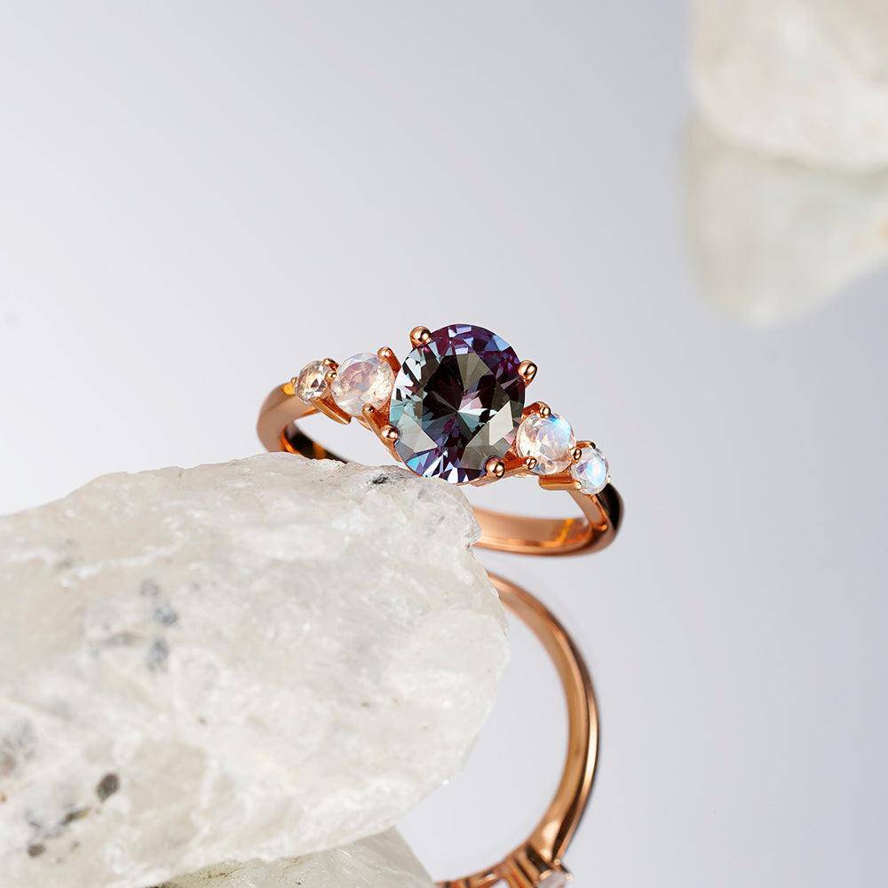 1.5 CT Oval Alexandrite Engagement Ring with Moonstone Accents - Elegant Wedding & Proposal Jewelry for Her, Perfect for Anniversaries & Special Occasions