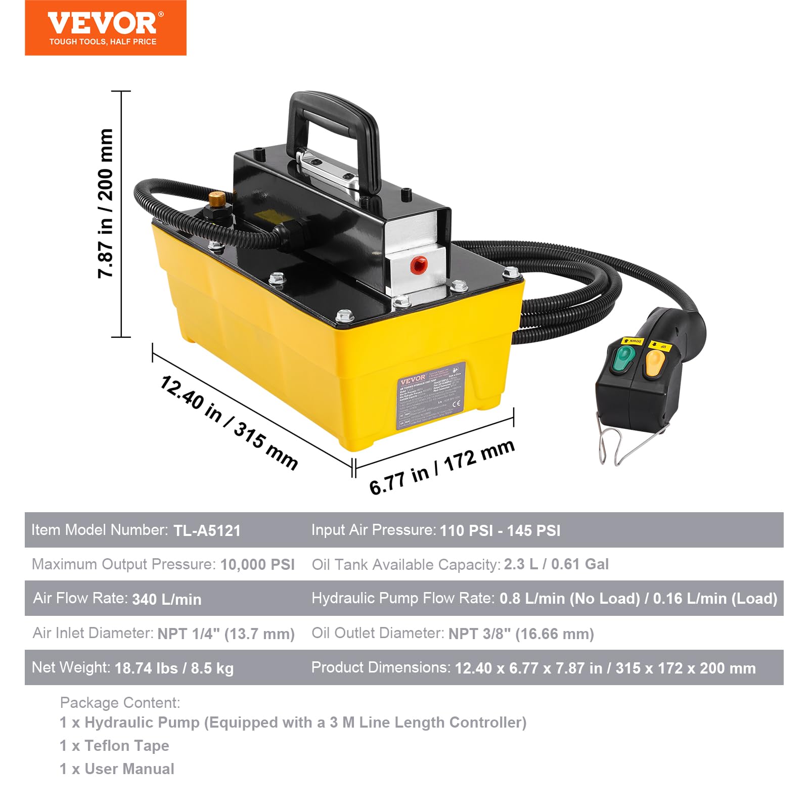 VEVOR 10,000PSI Air Hydraulic Pump with 0.61 Gal Reservoir - 3/8