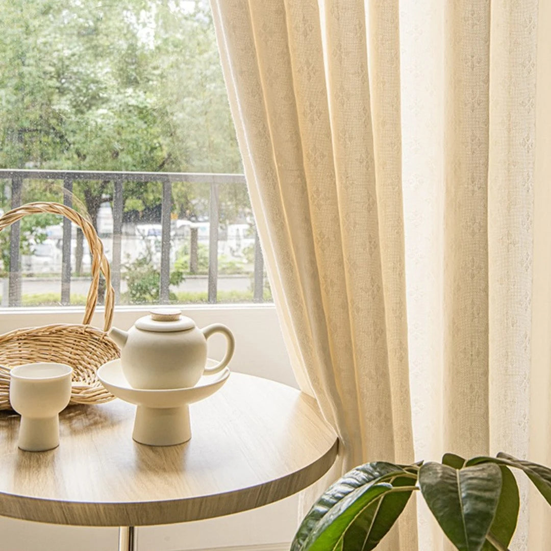 Eleanor Ivory Mesh Embossed Custom Semi-Sheer Curtains - Elegant Window Treatment for Living Room, Bedroom & Nursery