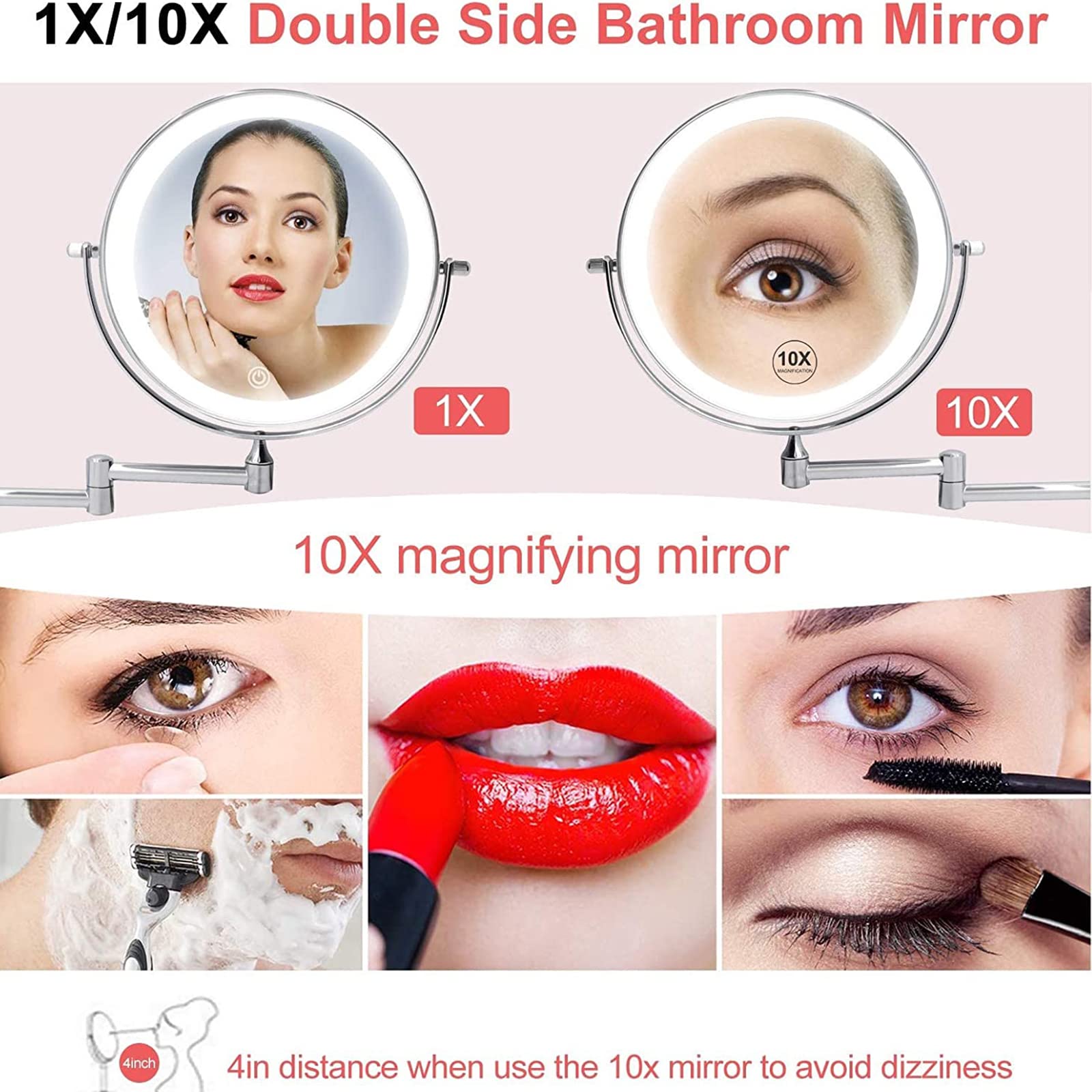 KEYQEEN LED Makeup Mirror with Lights - Double Sided 1X/10X Magnifying Mirror, Brushed Gold Wall Mounted Vanity Mirror with 360° Swivel & Extendable Arm | Perfect for Bathroom, Bedroom, Dressing Room & Makeup Studio