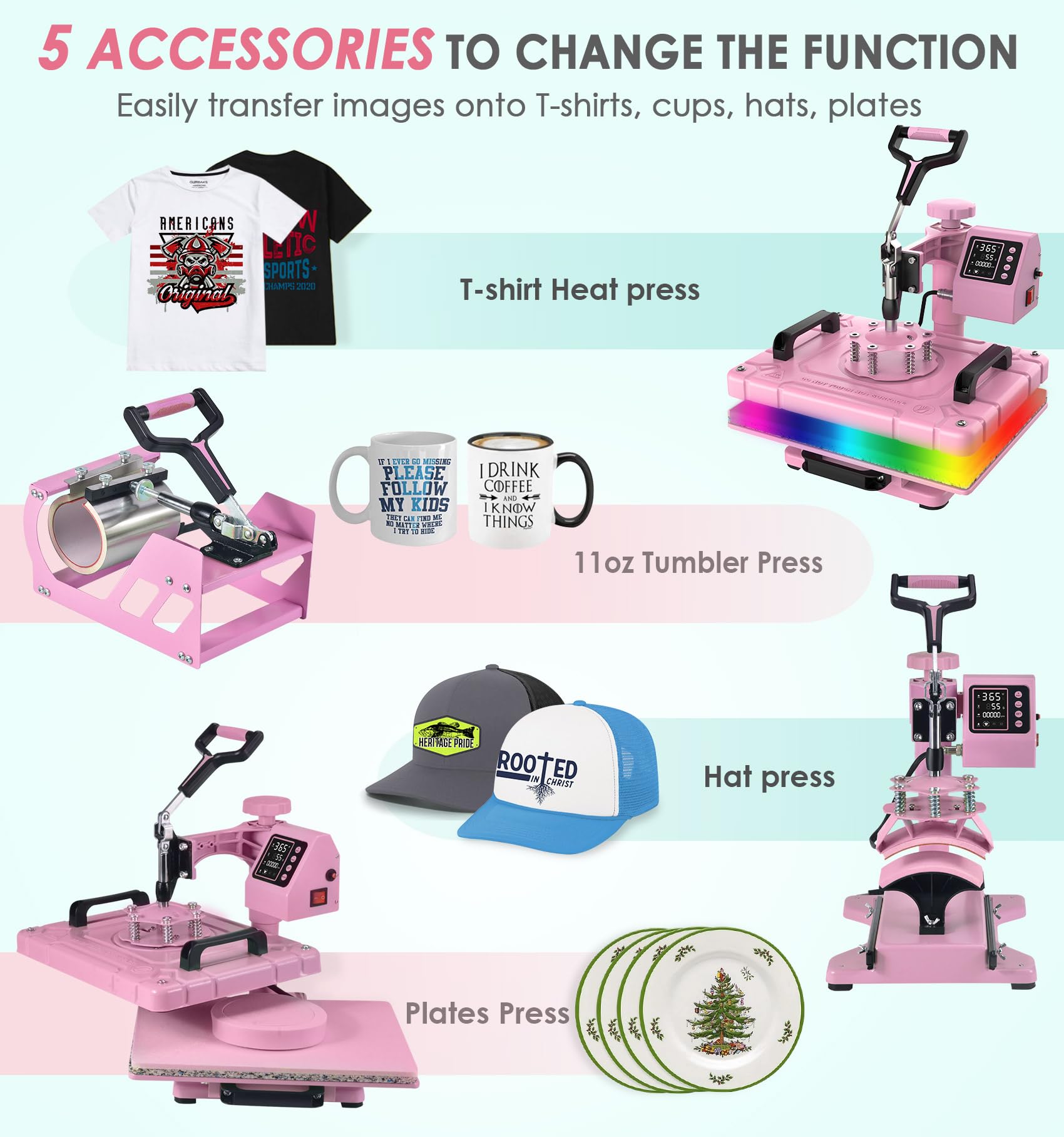 5 in 1 Multifunction Heat Press Machine 12x15 Inch - T-Shirt, Hat, Mug, Plate & 11OZ Tumbler Press with 360° Swing Away Sublimation Technology | Perfect for DIY Crafts, Custom Apparel & Small Business Printing