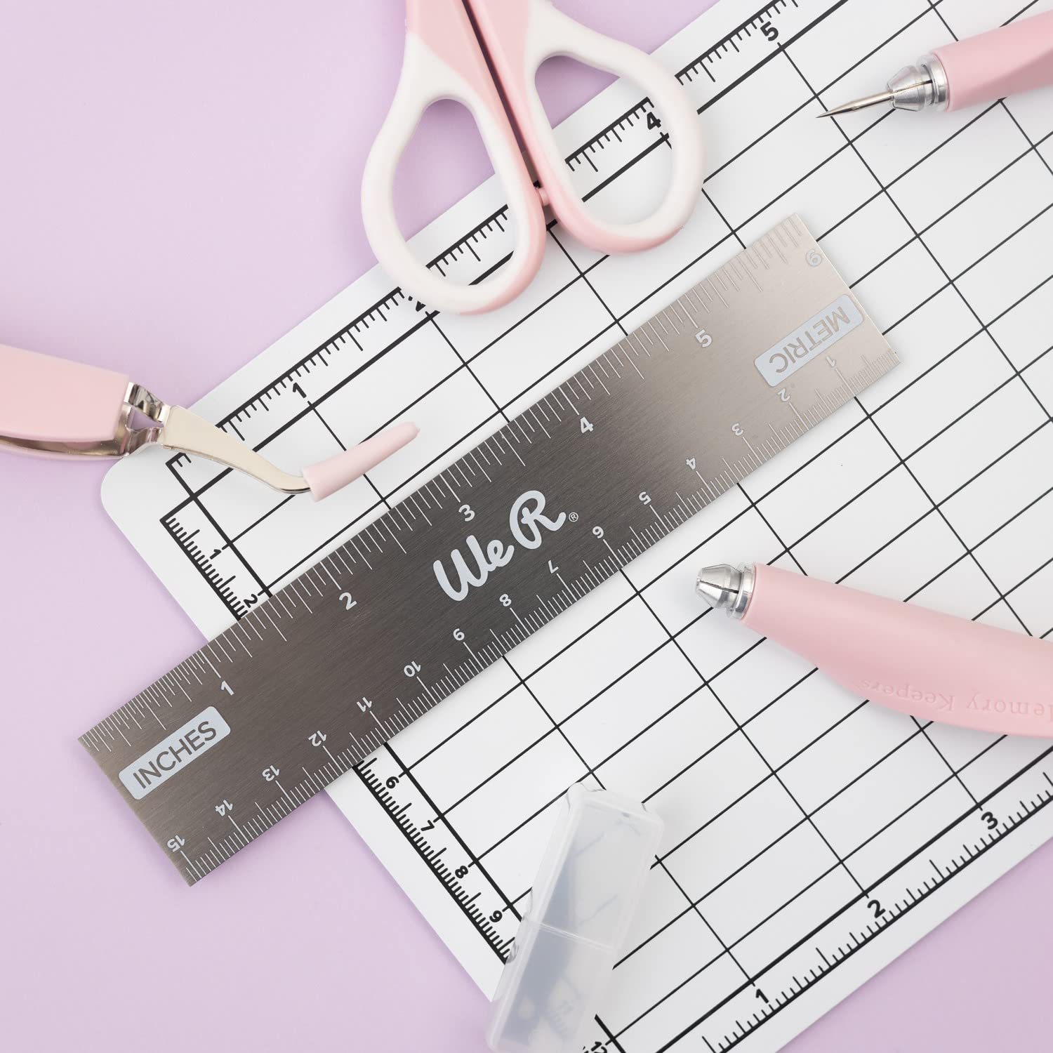 We R Memory Keepers Mini Tool Kit Pink - Includes Cutting Mat, Ruler, Scissors, Craft Knife, Tweezers, Brad Setter & Piercing Tool | Perfect for DIY Crafts, Scrapbooking, Journaling, Card Making & Home Decor Projects