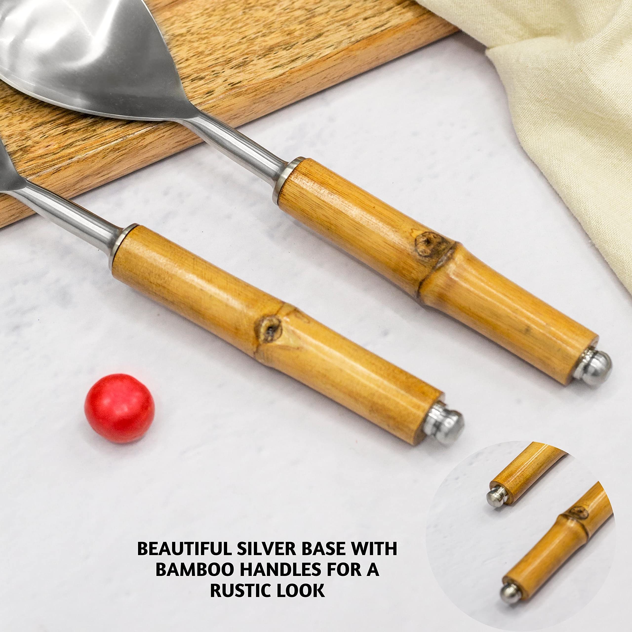 Folkulture Stainless Steel Salad Servers Set - 12 Inch Tongs, Spoon & Fork with Bamboo Handle for Modern Cooking (Silver) - Perfect for Salad Bars, BBQs, and Dinner Parties