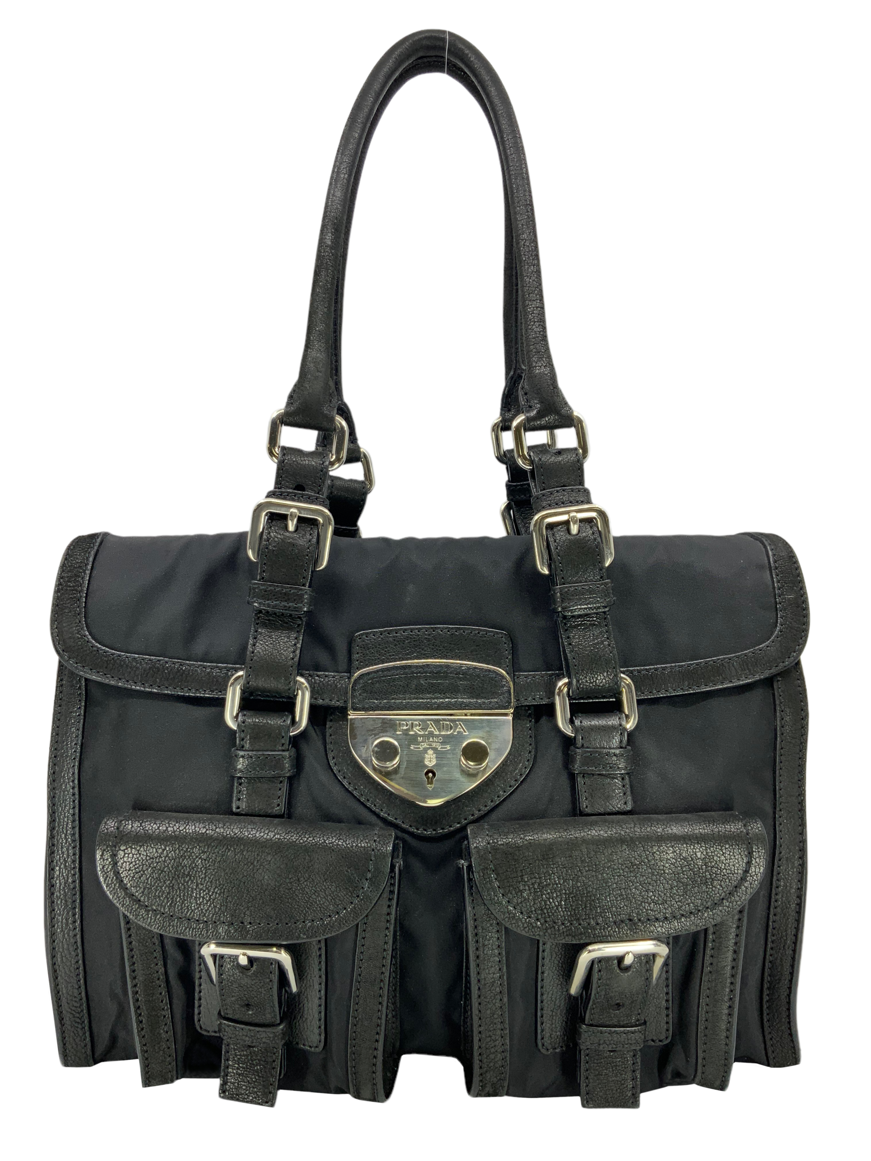 Prada Nylon and Leather Crossbody Bag with Front Pocket - Luxury Designer Handbag for Women | Perfect for Work, Travel & Everyday Use