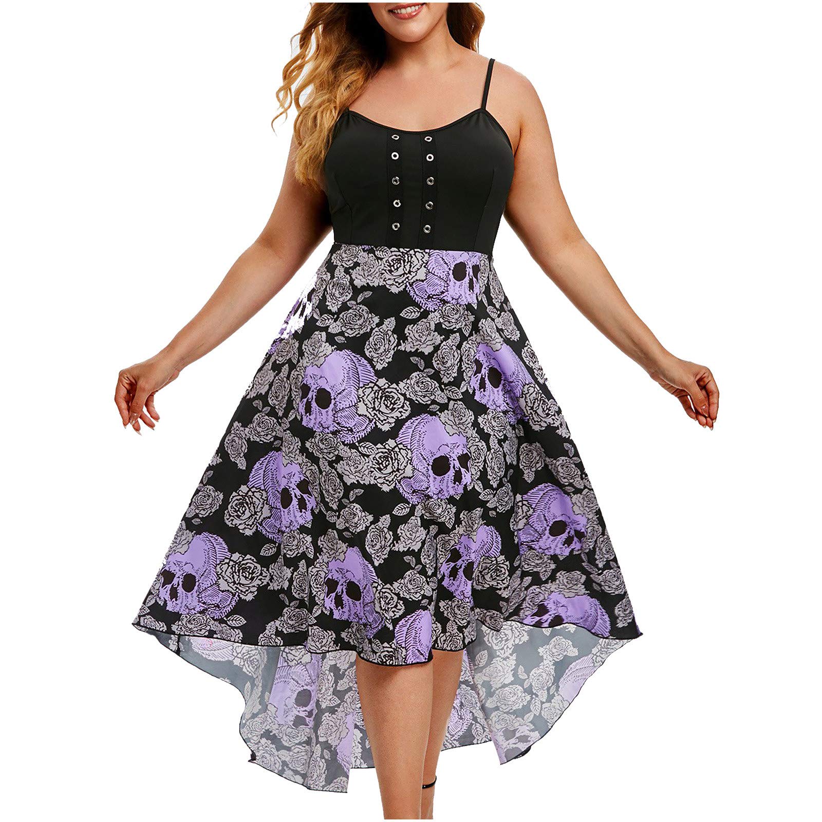 Keepfit High Waist Sling Dress for Women - Patchwork Scoop Neck Floral Skull Printed Swing Dress | Summer Beach Party, Date Night, Casual Outfit
