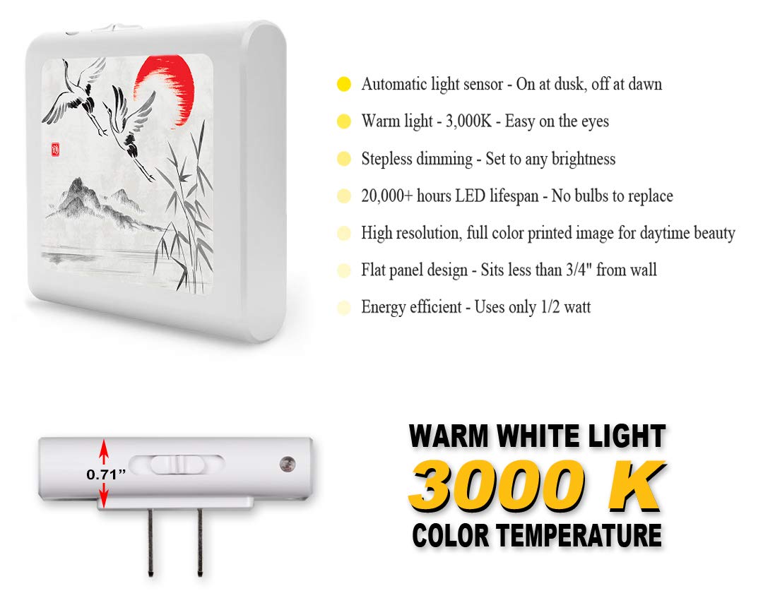 Dimmable LED Night Light with Auto On/Off Sensor, Adjustable Brightness & Warm White Light - Perfect for Bathroom, Hallway, Nursery & Bedroom - Cranes Flying by The Sun Drawing - Ideal for Nighttime Safety, Baby Care & Energy Saving