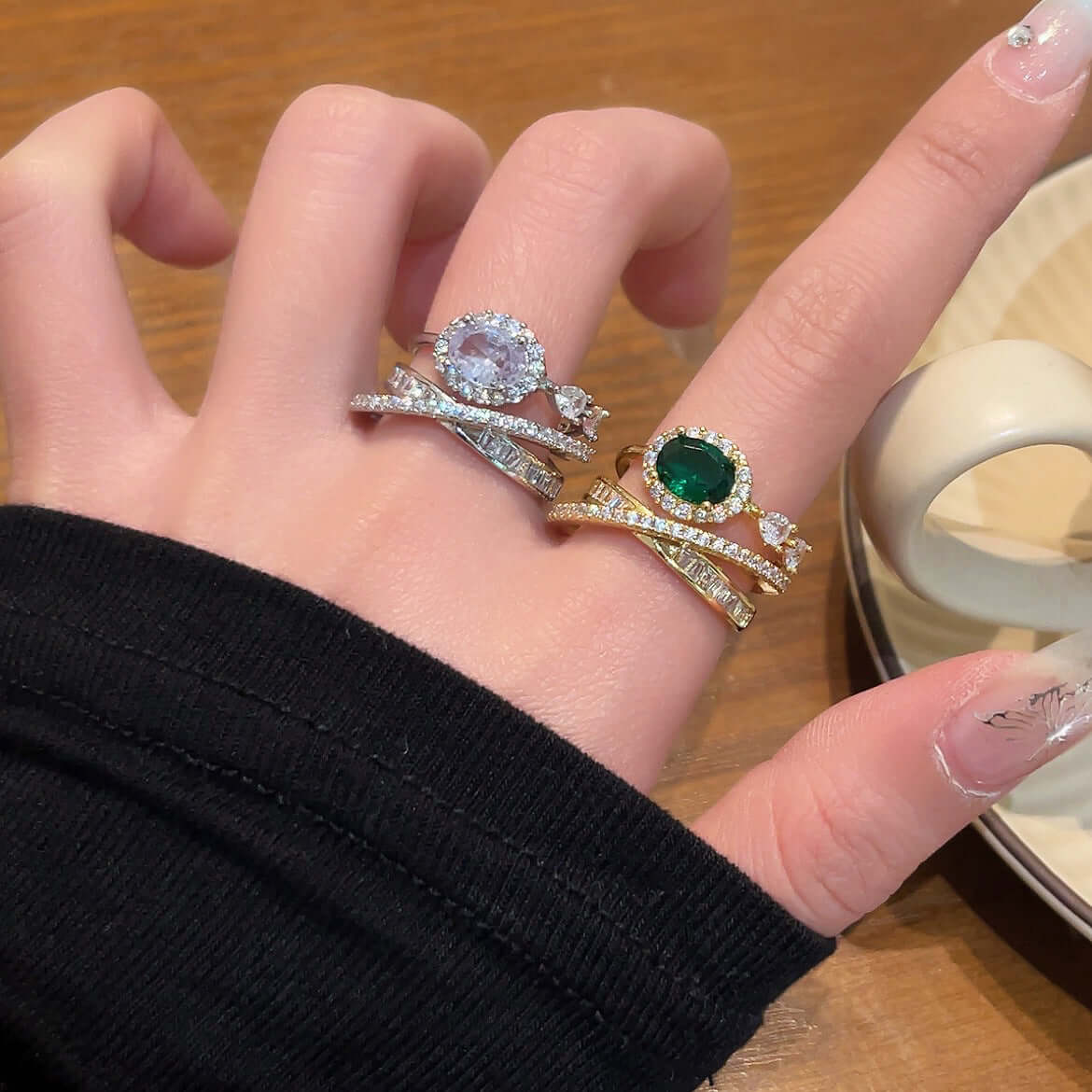 Emerald Green CZ Layered Cross Stacking Ring Set for Women | Elegant Jewelry Gift for Christmas, Birthday & Anniversary | K4205
