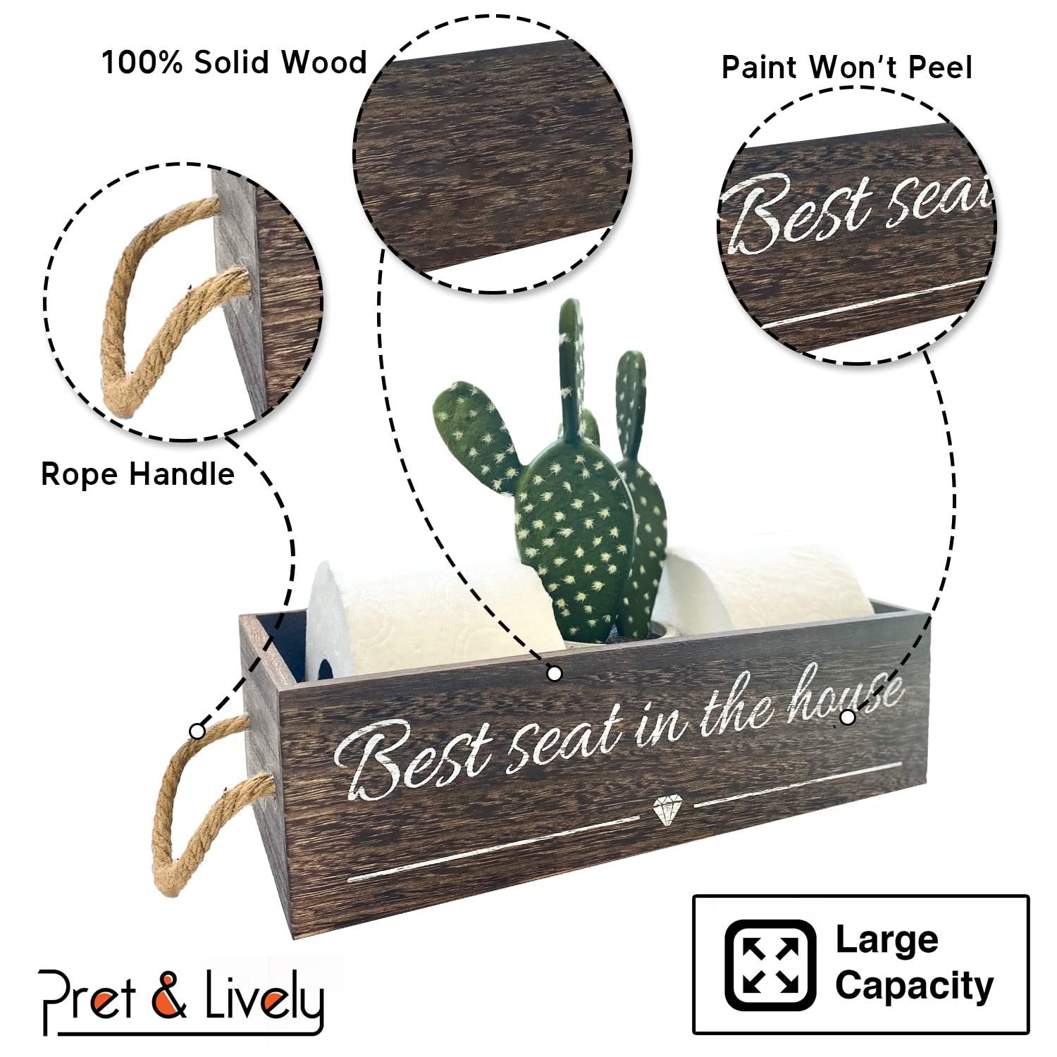 Farmhouse Storage Basket with Rope Handles - Rustic Wooden Crate for Bathroom Organization, Toilet Paper Holder & Diaper Caddy | Funny Gift Idea with Cute Signs & Artificial Plant | Perfect for Farmhouse Decor, Baby Shower Gifts & Home Organization