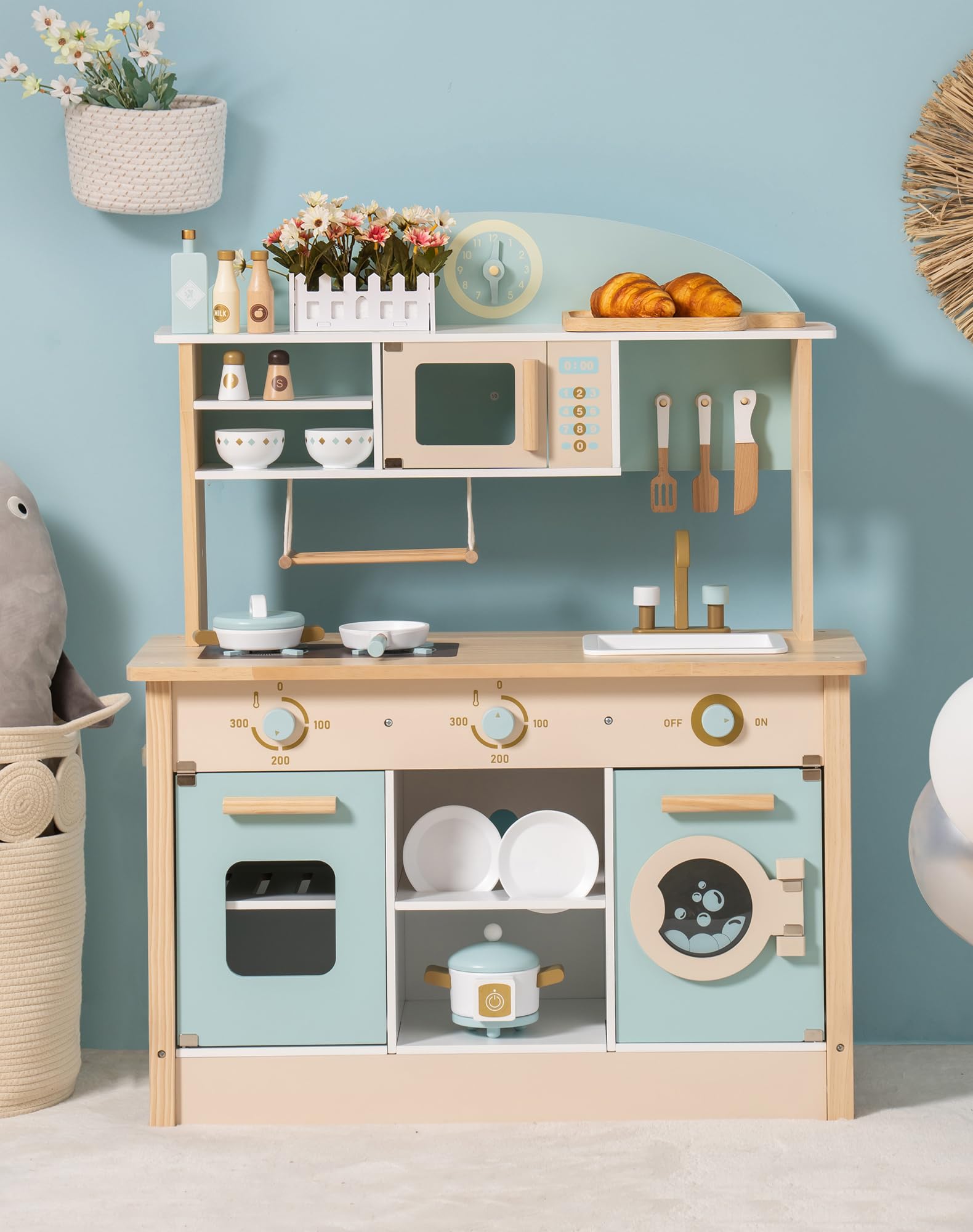 ROBOTIME Wooden Play Kitchen Toy Set for Kids - Realistic Toddler Kitchen with Sink, Stove & Accessories - Pretend Play Kitchen for Boys & Girls Ages 3+ - Perfect Gift for Birthday & Christmas - Great for Home, Preschool & Daycare Role Play