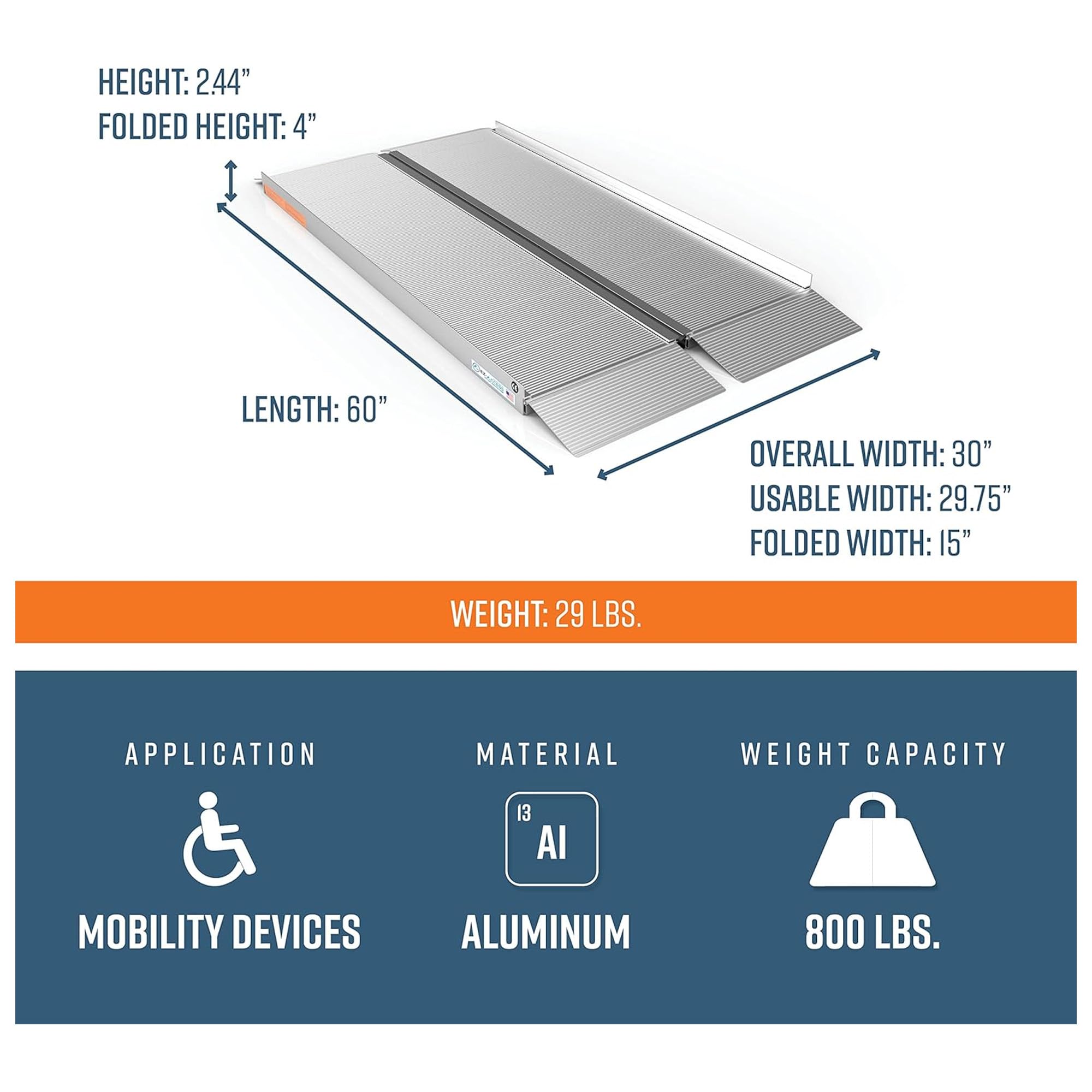 EZ-ACCESS 5ft x 30in Portable Singlefold Wheelchair Ramp with Ergonomic Handles, Anti-Slip Extruded Tread & Self-Adjusting Transition Plates - Lightweight Aluminum Mobility Ramp for Homes, Vehicles & Wheelchair Access (ADA Compliant)