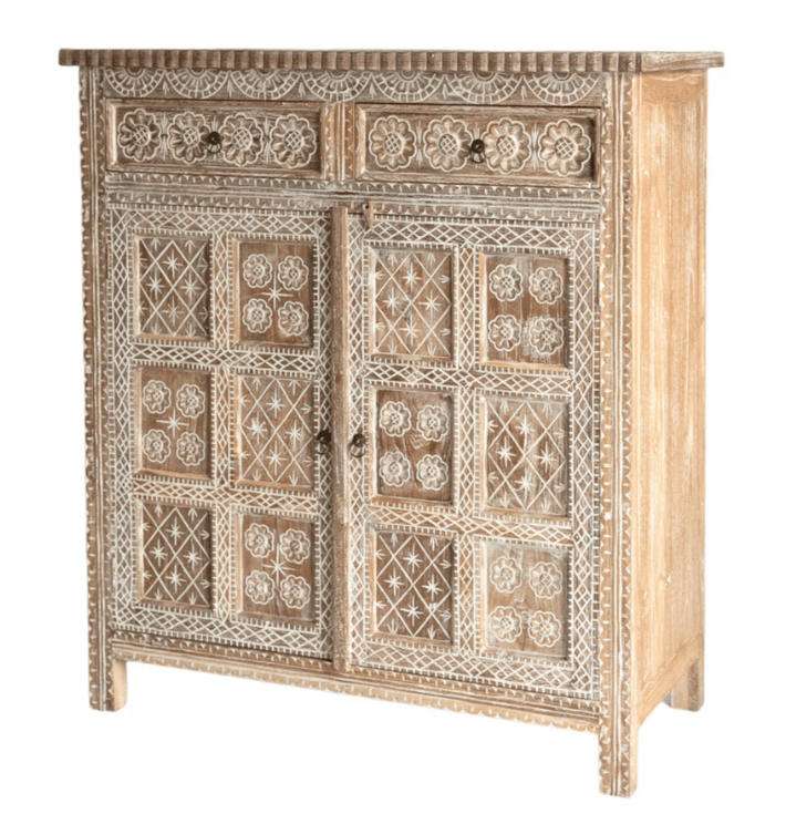 Hand Carved Solid Wooden Indian Cabinet - Traditional Handcrafted Storage for Home Decor, Living Room & Bedroom Organization